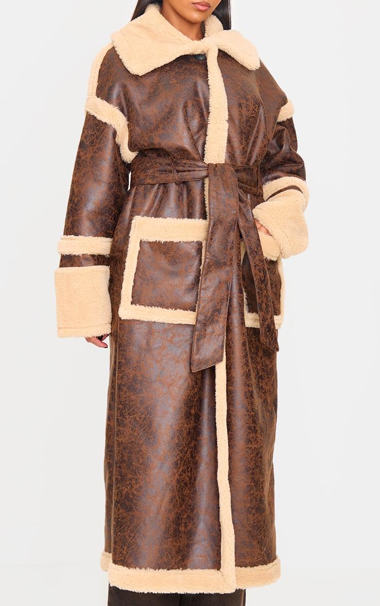 Brown Faux Leather Vintage Look Borg Coat Product Image