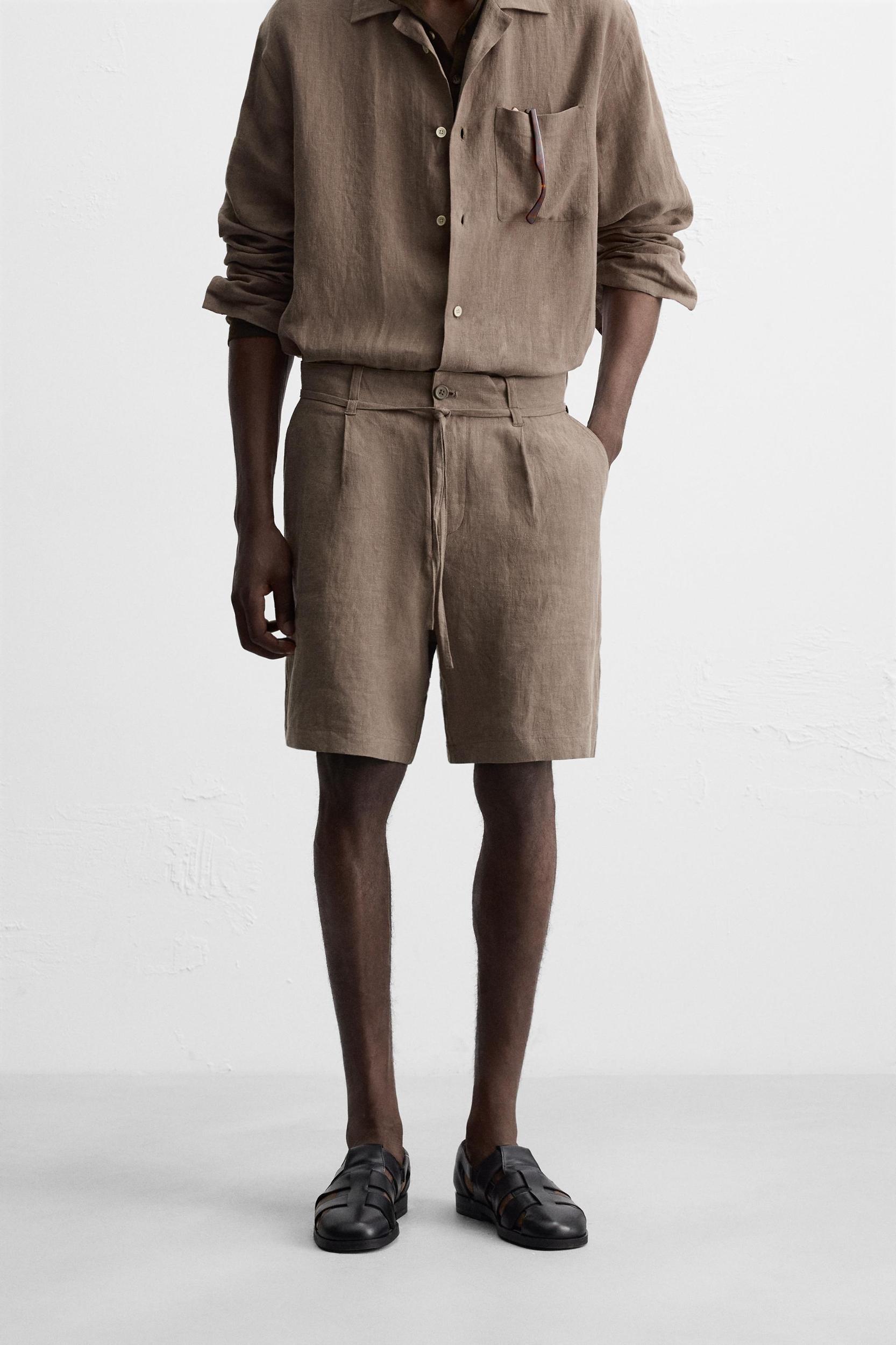 100% LINEN BELTED BERMUDA SHORTS Product Image