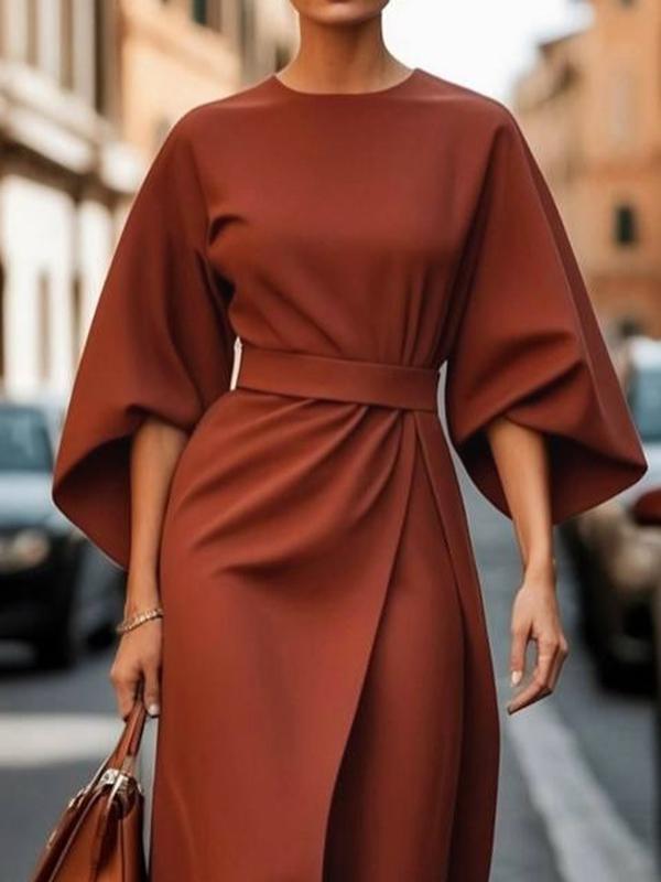 Loose Puff Sleeves Pleated Solid Color Split-Joint Round-Neck Midi Dresses Product Image