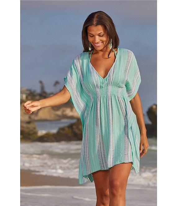 Becca By Rebecca Virtue Radiance Woven Metallic Stripe V-Neck Tunic Swim Cover-Up Product Image