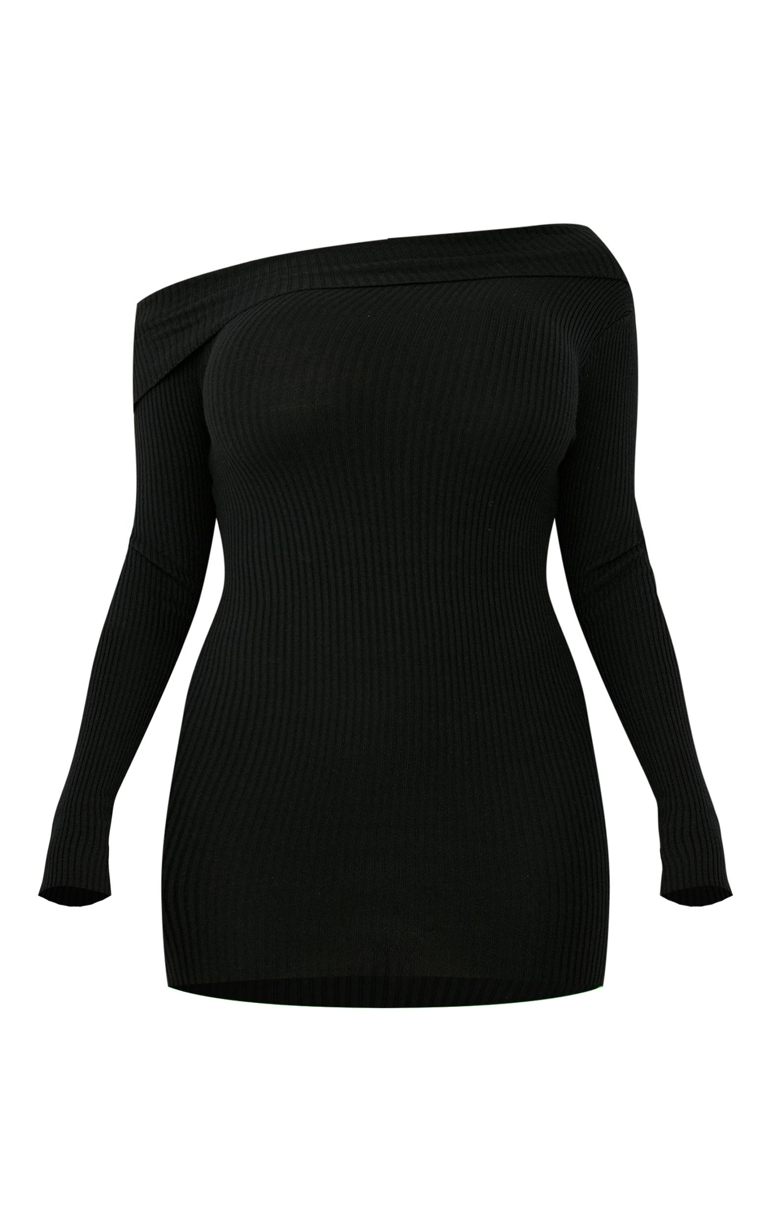 Shape Black Off Shoulder Fold Over Knitted Bodycon Dress Product Image