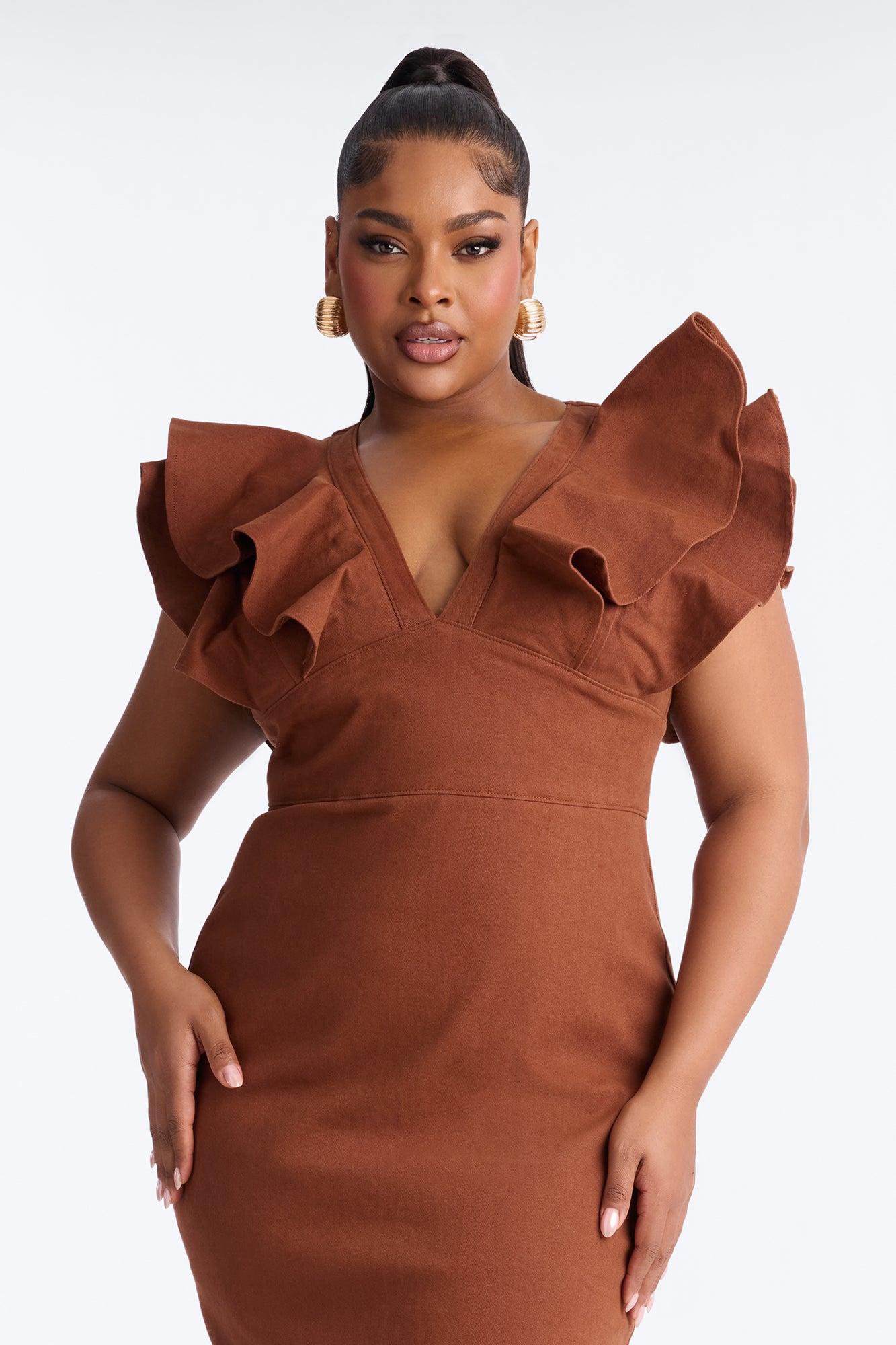 Carolyn Ruffle Denim Midi Dress - Mocha Female Product Image