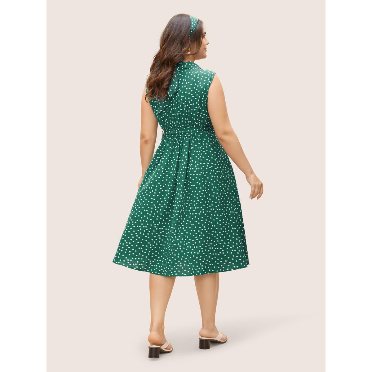 Plus Size Collared Polka Dot Dress Teal Women Elegant Belted Suit Collar Sleeveless Curvy BloomChic 12/L Product Image