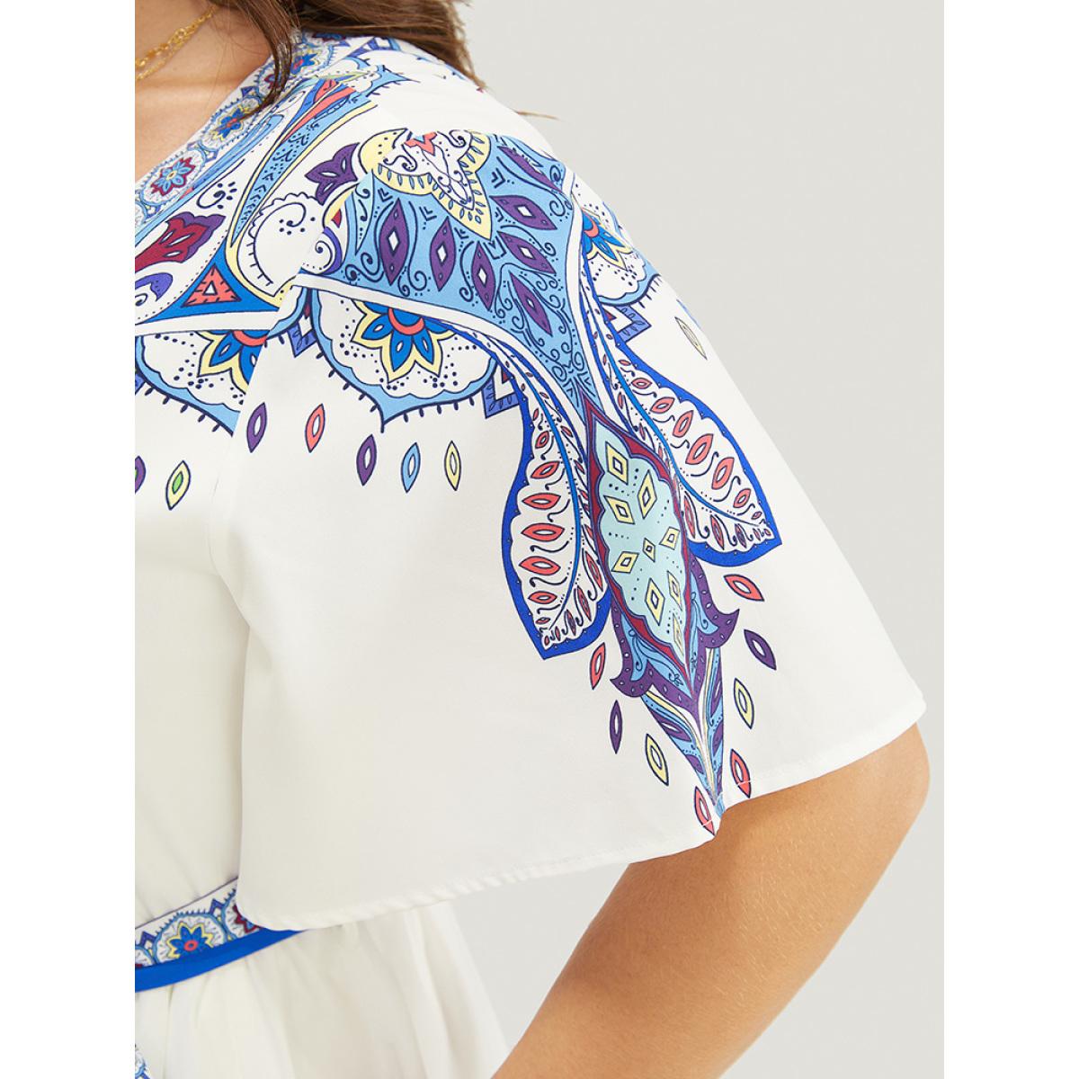 Plus Size Bandana Button Detail Pocket Belt Knee Dress Blue Women Vacation Lined V-neck Short sleeve Curvy Knee Dress BloomChic 26/4X Product Image