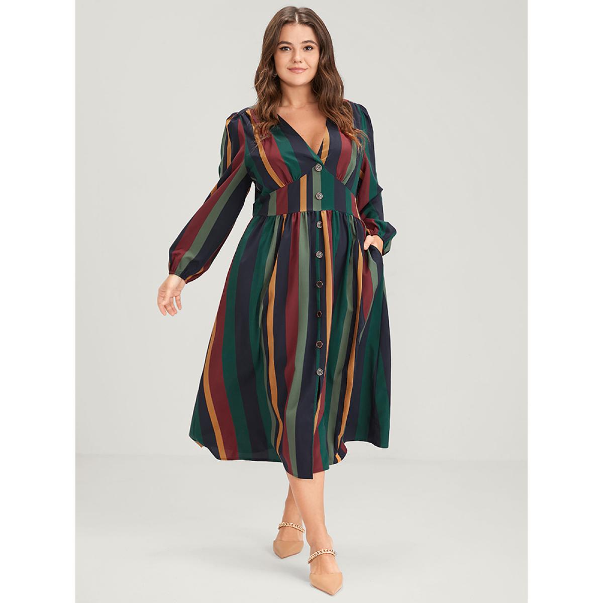 Plus Size Striped Lantern Sleeve Pocket Button Front Midi Dress Multicolor Women Vacation Printed V-neck Long Sleeve Curvy Midi Dress BloomChic 10/M Product Image