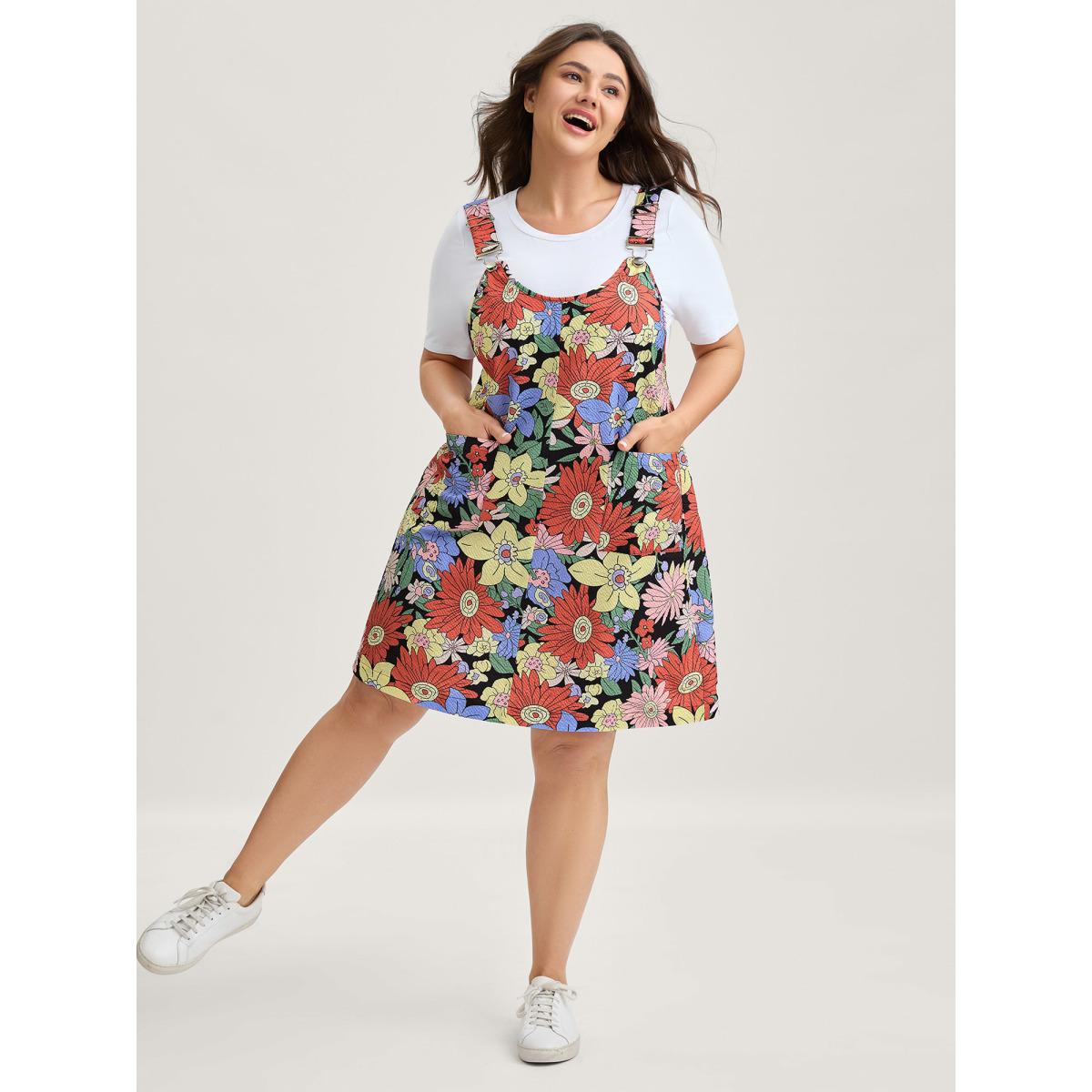 Plus Size Floral Print Textured Overall Straps Dress Multicolor Women Playful Round Neck Sleeveless Curvy BloomChic 28/5X Product Image