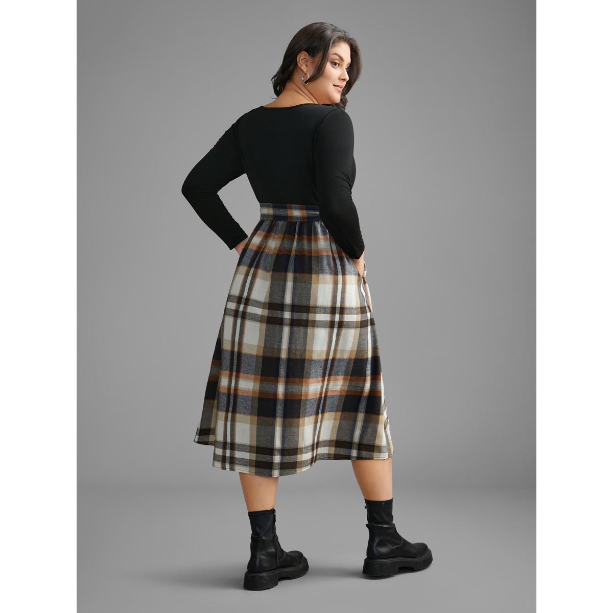 Plus Size Plaid Patchwork Elastic Waist Belted Dress Black Women Casual Belted Round Neck Long Sleeve Curvy BloomChic 12/L Product Image