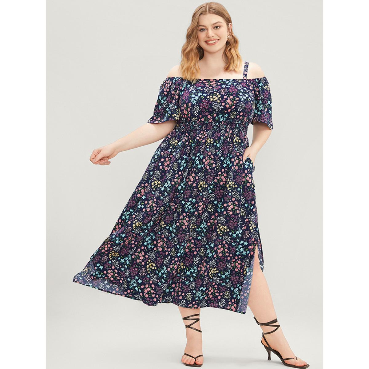 Plus Size Ditsy Floral Ruffles Pocket Shirred Split Hem Cami Dress Navy Women Vacation Adjustable Straps Spaghetti Strap Short sleeve Curvy Midi Dress BloomChic 22-24/3X Product Image