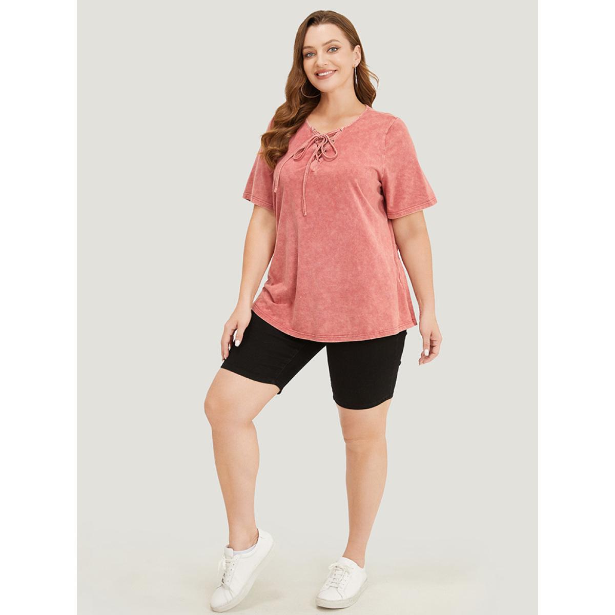 Plus Size Solid Lace Up Crew Neck Vintage T-shirt Rust Women Casual Cross straps Plain Round Neck Dailywear T-shirts BloomChic 12/L Product Image