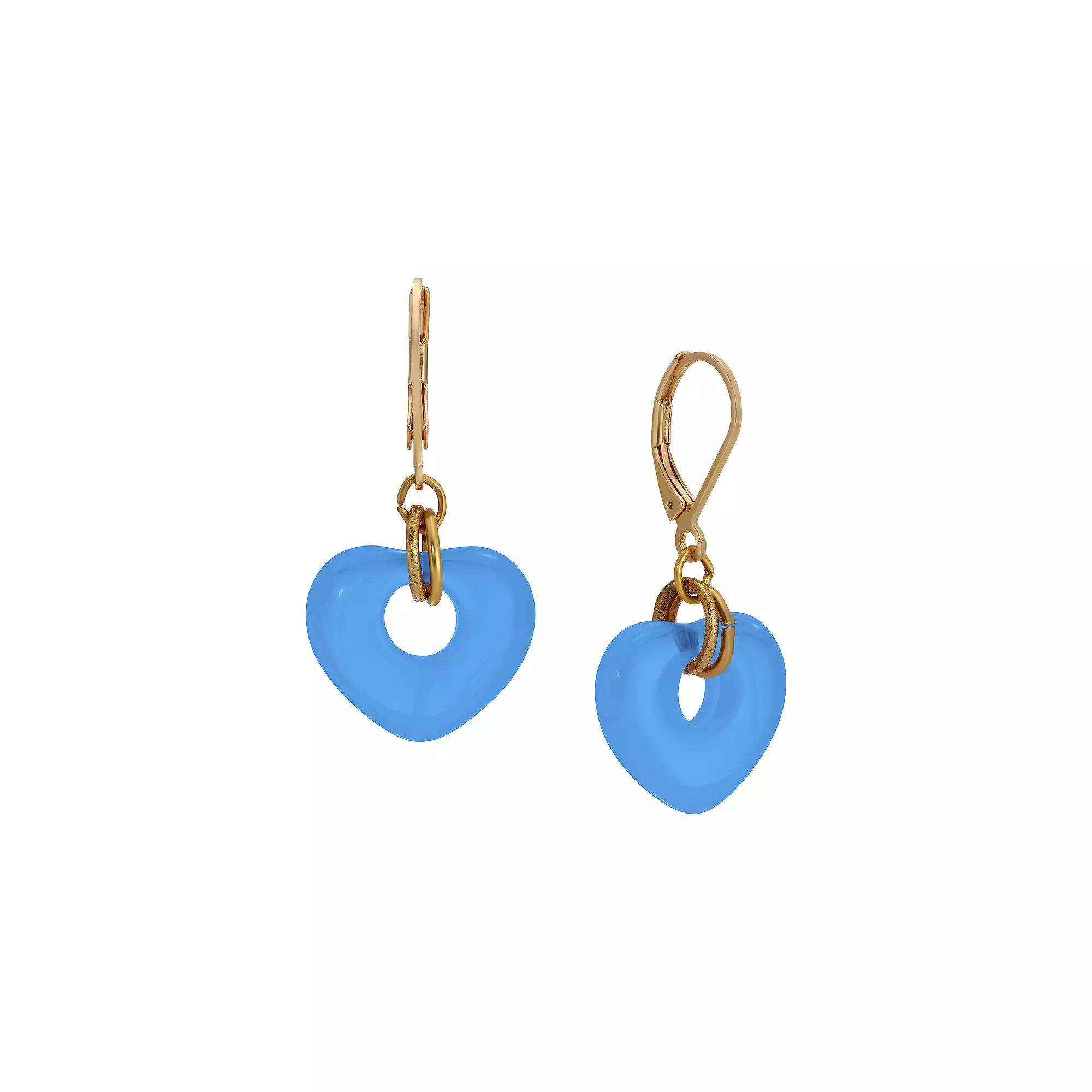 1928 Gold Tone Glass Heart Drop Leverback Earrings, Women's, Light Blue Product Image