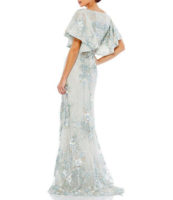 Mac Duggal V-Neck Flutter Sleeve Embroidered Lace Column Gown Product Image