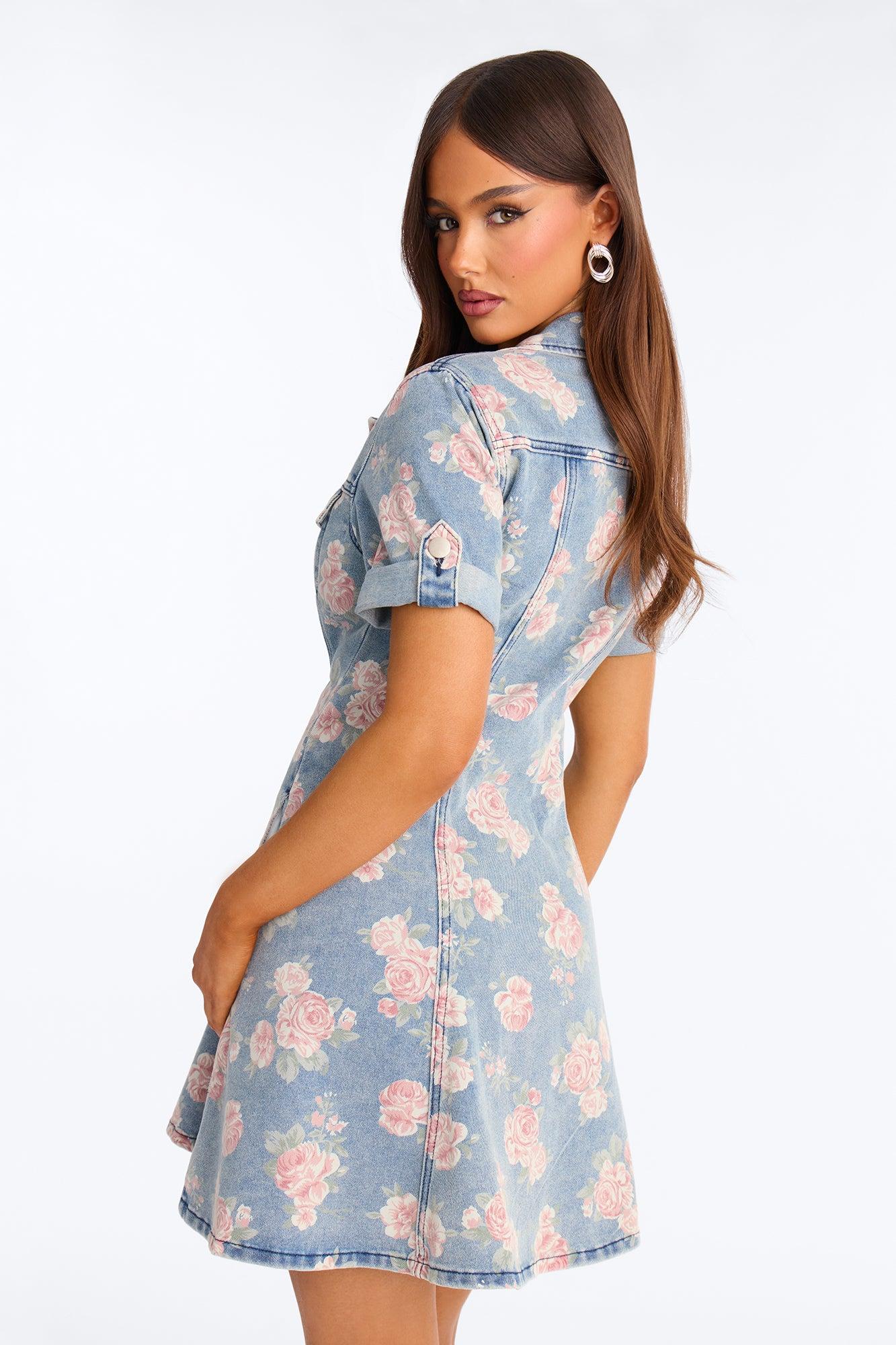Raven Stretch Floral Denim Mini Dress - Vintage Wash Female Product Image