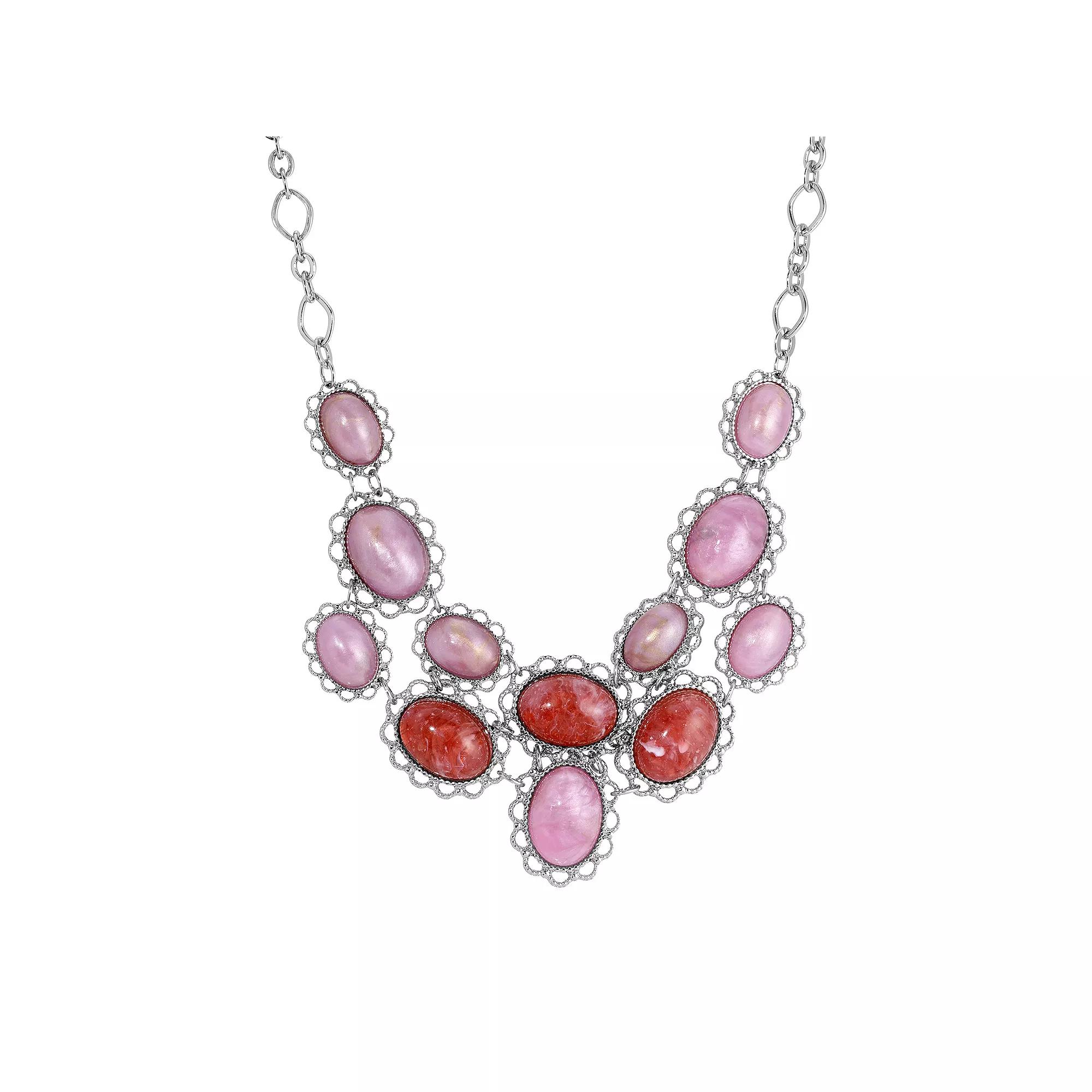 1928 Silver Tone Pink & Red Oval Cabochon Statement Necklace, Womens Product Image