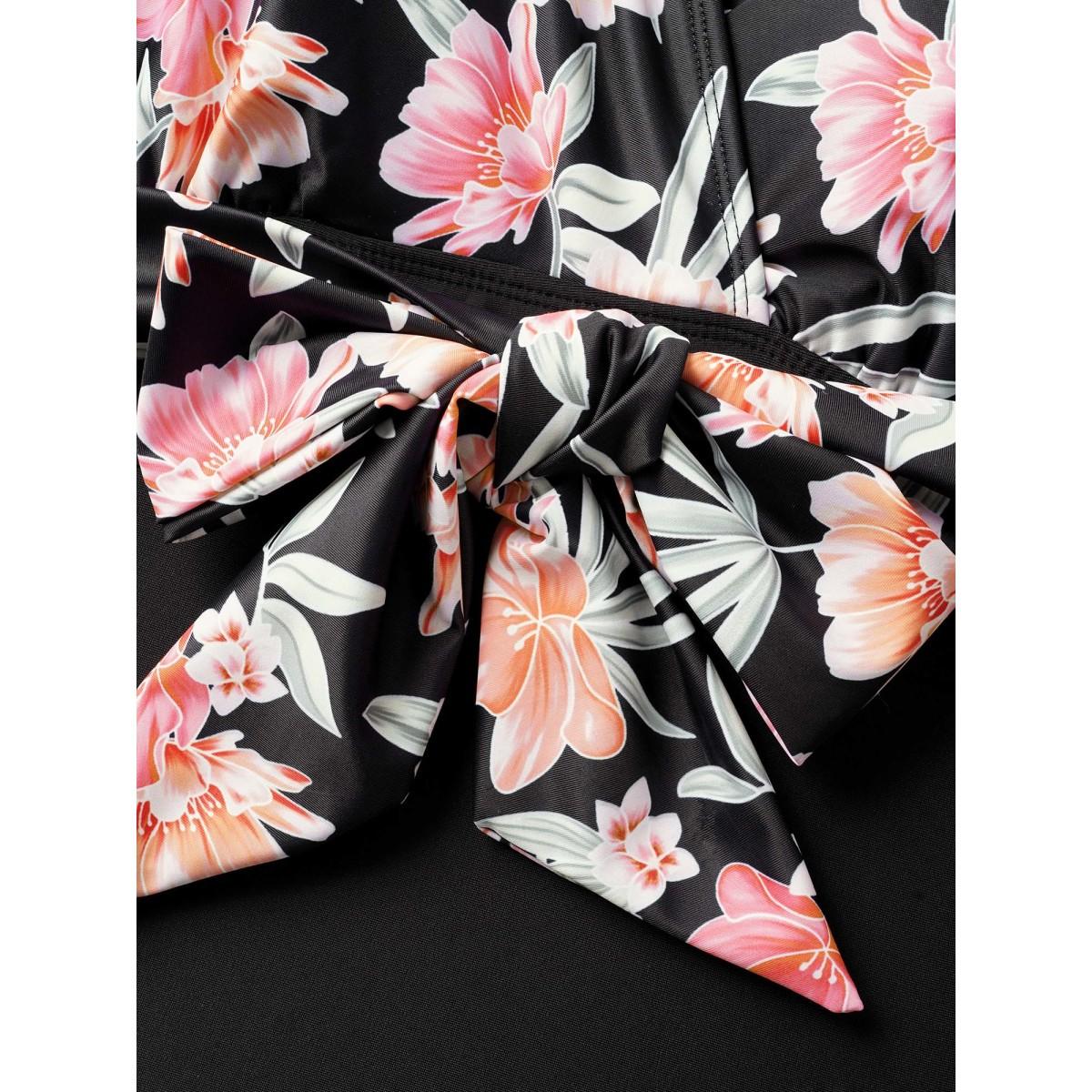 Plus Size Overlap Collar Floral Patchwork Tie Knot One Piece Swimsuit Women's Swimwear Black Beach Tie knot Curve Bathing Suits High stretch One Pieces BloomChic 22-24/3X Product Image