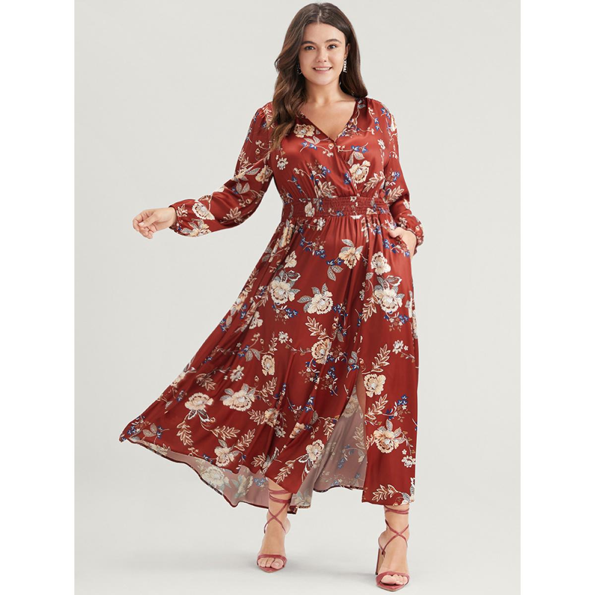 Plus Size Floral Pocket Lantern Sleeve Split Ruffle Shirred Wrap Dress Red Women Elegant Pocket V-neck Long Sleeve Curvy Long Dress BloomChic 14-16/1X Product Image