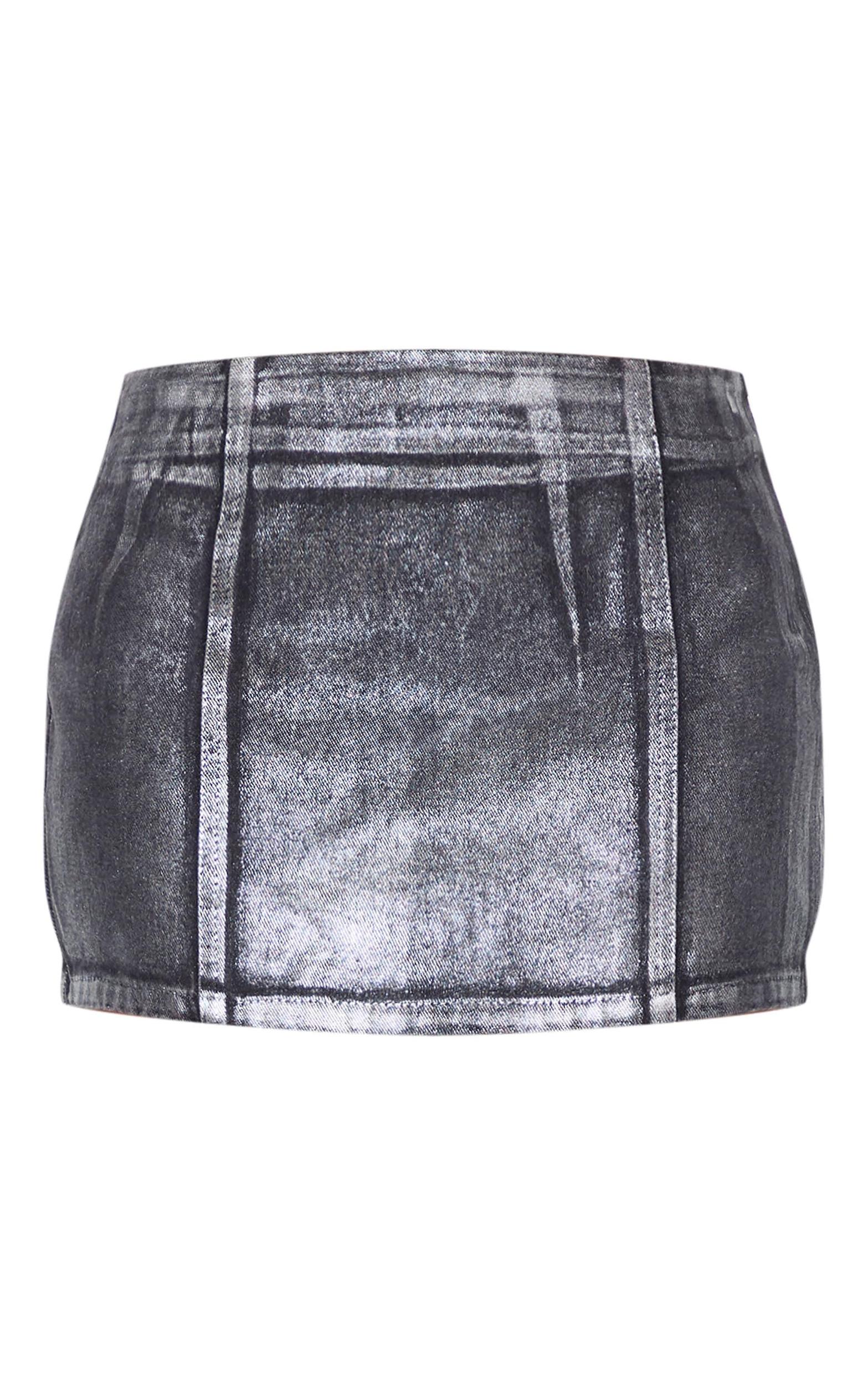 Black Silver Metallic Foil Effect Denim Mini Skirt Product Image