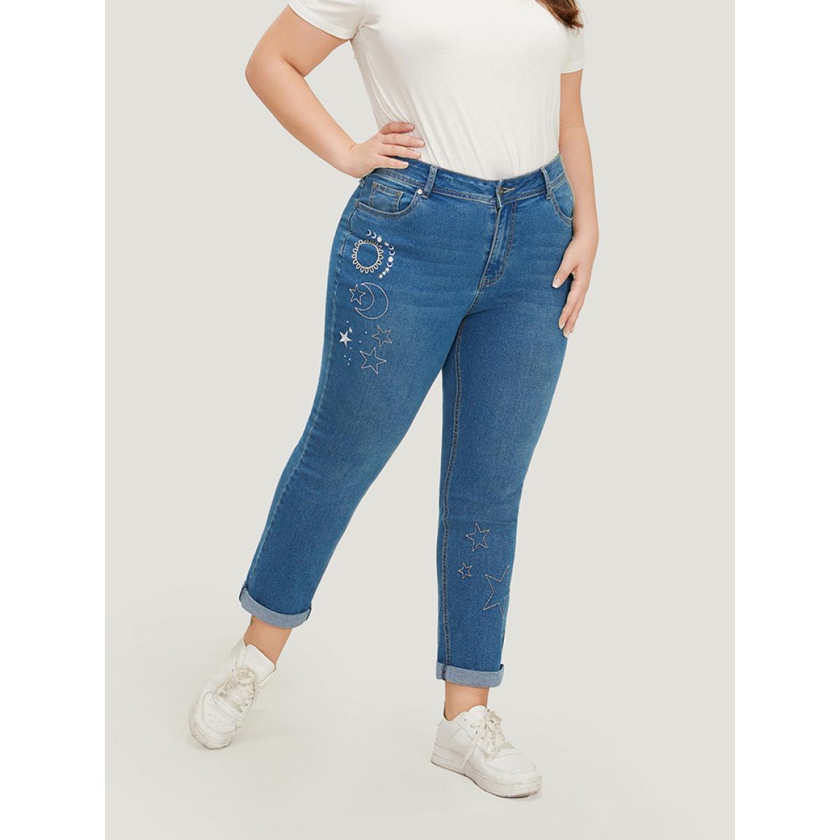 Plus Size Very Stretchy High Rise Moon & Star Embroidered Jeans Women Blue Casual Star and moon Roll Hem High stretch Pocket Jeans BloomChic 28/5X Product Image
