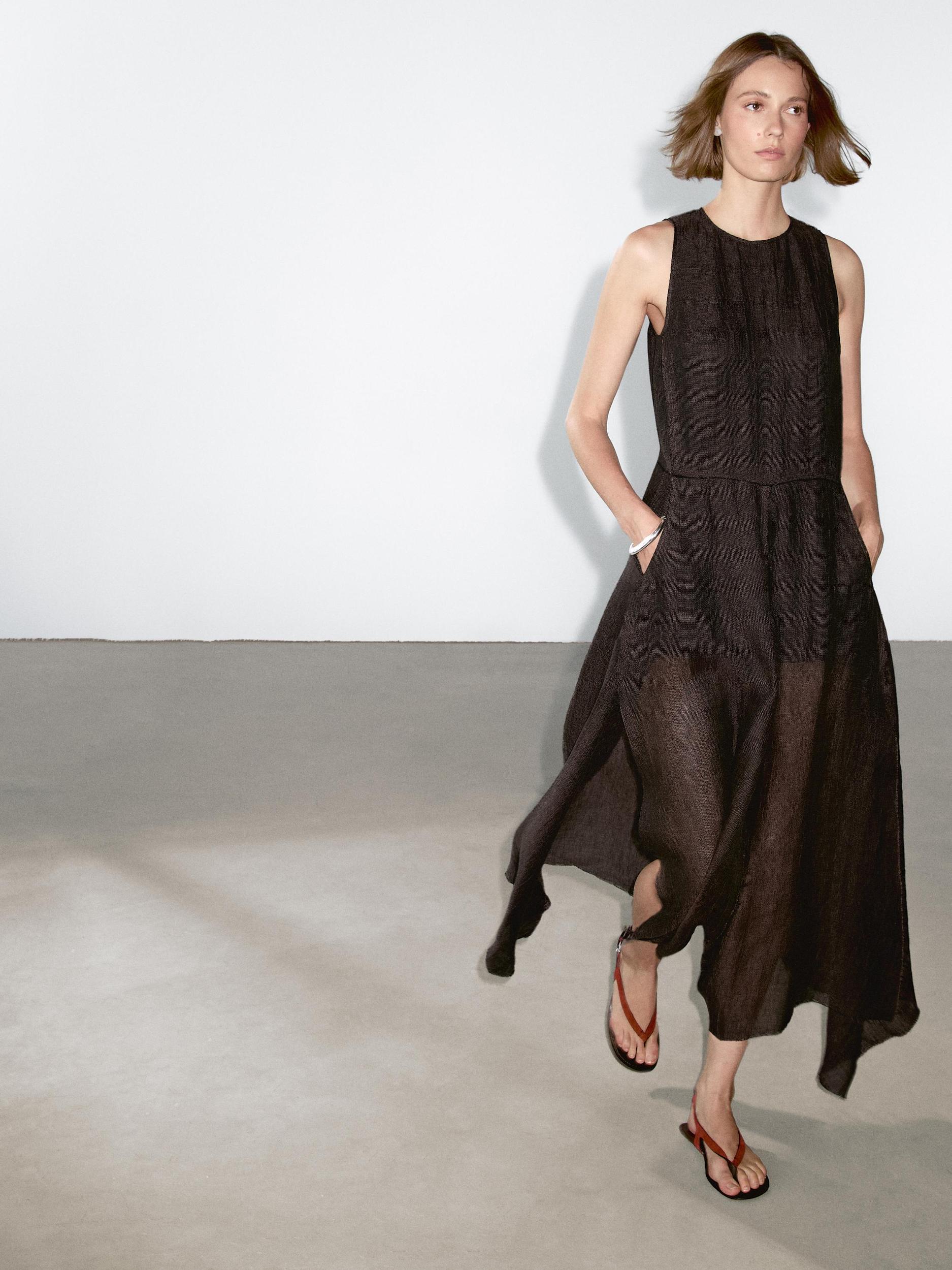 100% linen midi dress with frayed trims Product Image