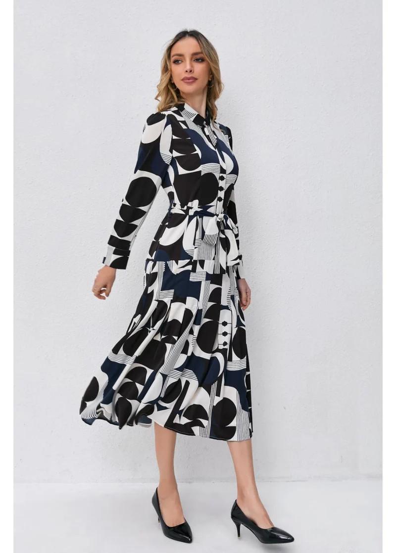 Abstract Harmony Navy White Midi Dress Product Image
