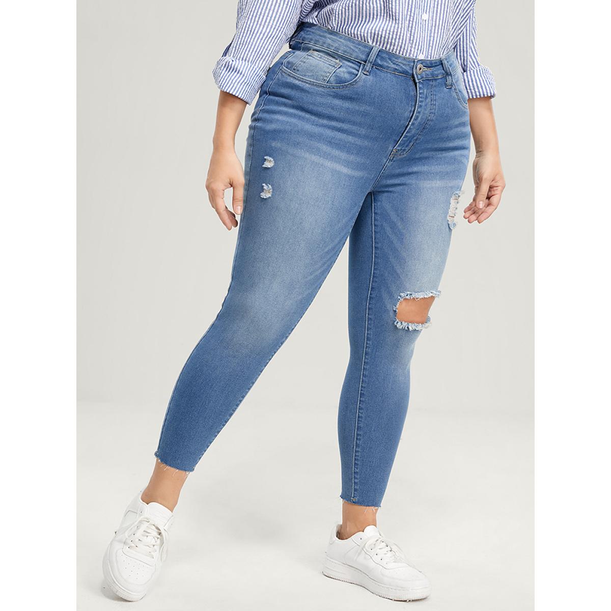 Plus Size Skinny Very Stretchy High Rise Medium Wash Distressed Jeans Women LightBlue Casual Plain High stretch Pocket Jeans BloomChic 14/1X Product Image