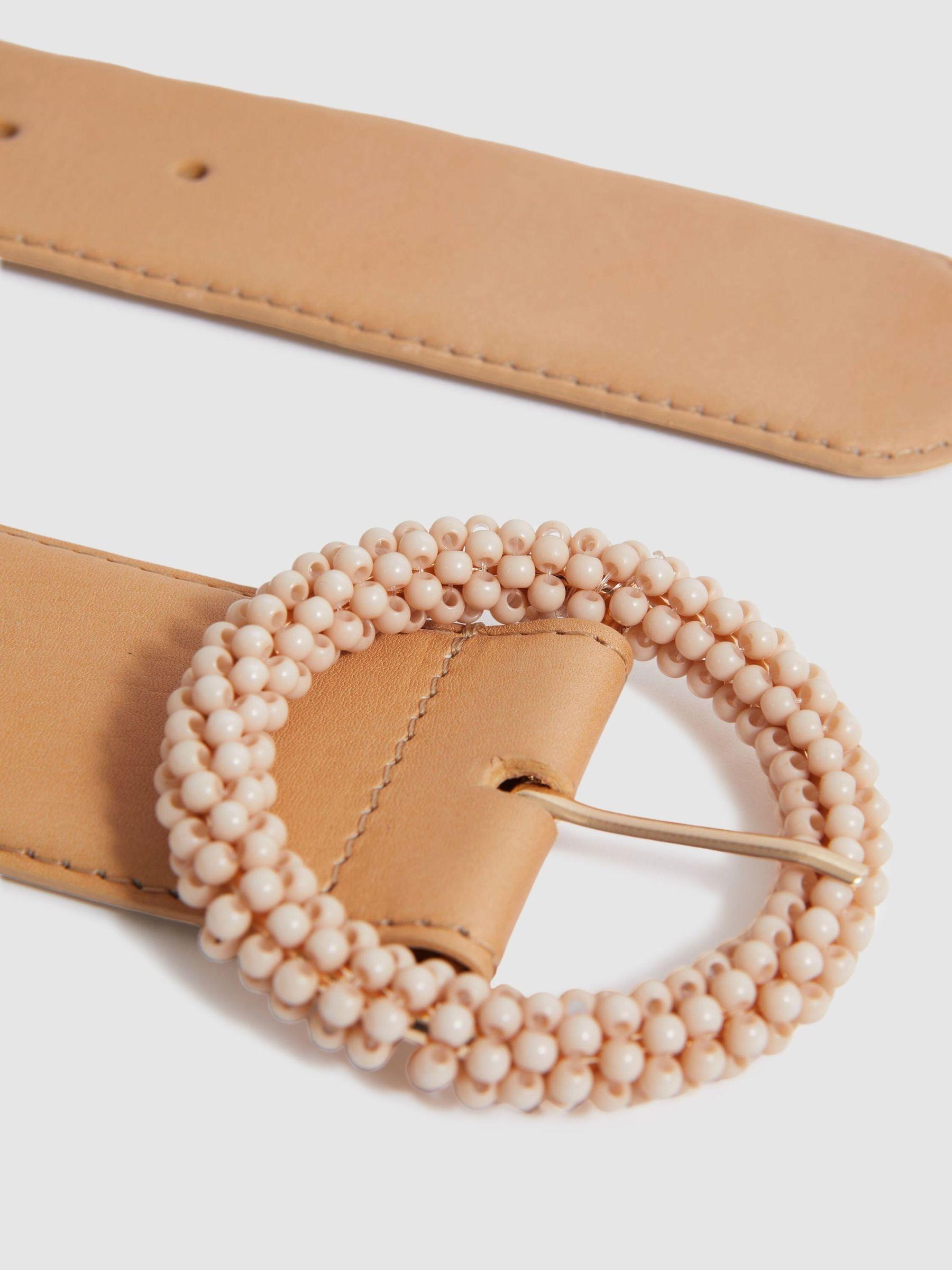 Leather Beaded Buckle Belt in Tan Product Image