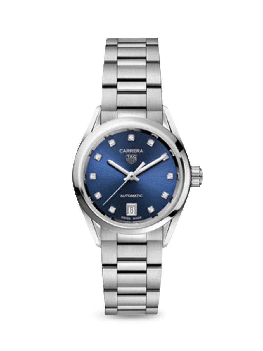 Womens Carrera Stainless Steel, Blue Dial & Diamond Automatic 29MM Bracelet Watch Product Image