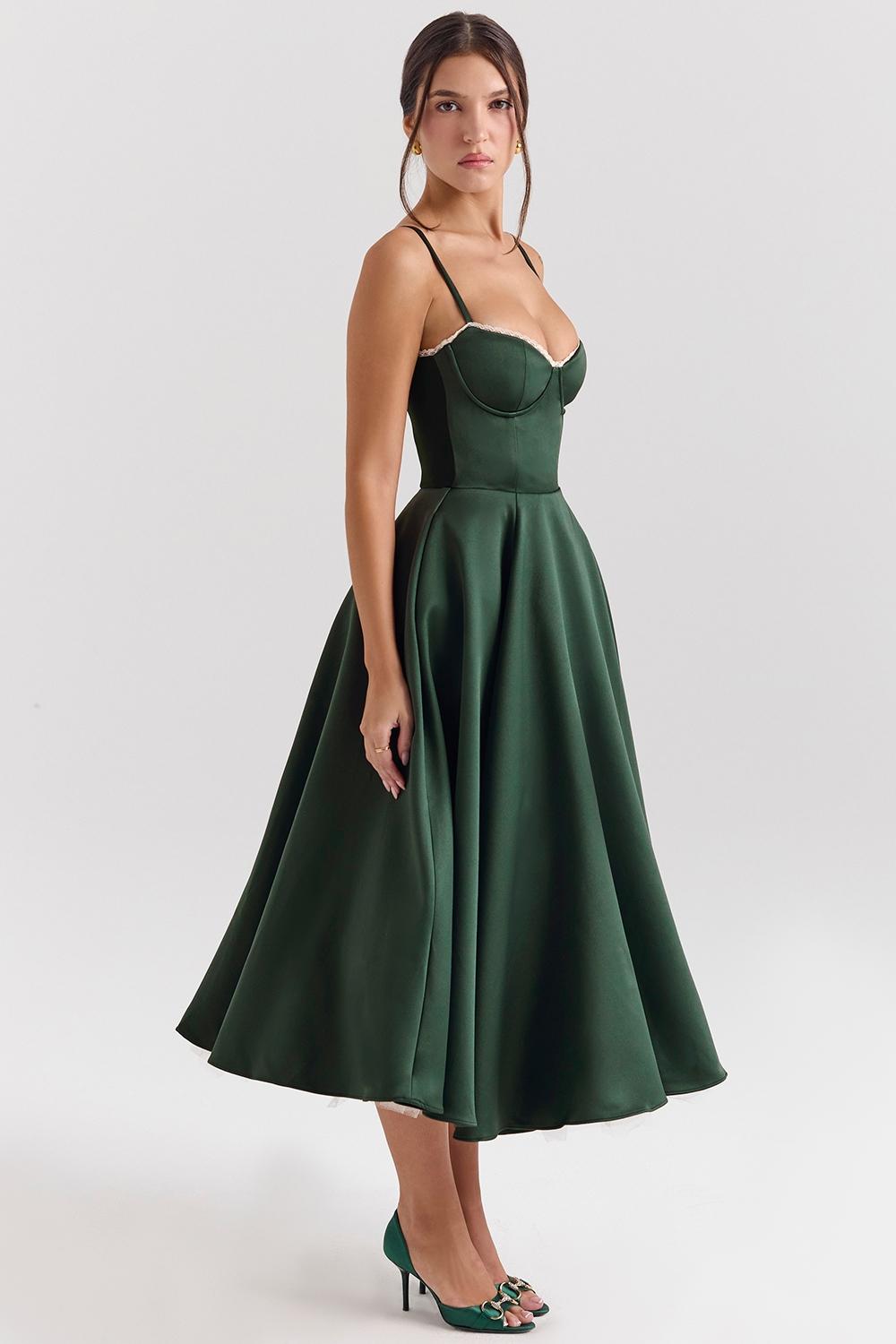 Mademoiselle  forest green satin tulle midi dress Product Image
