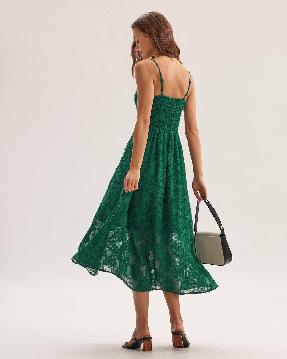 Green Floral Shirred Slip Midi Dress Product Image