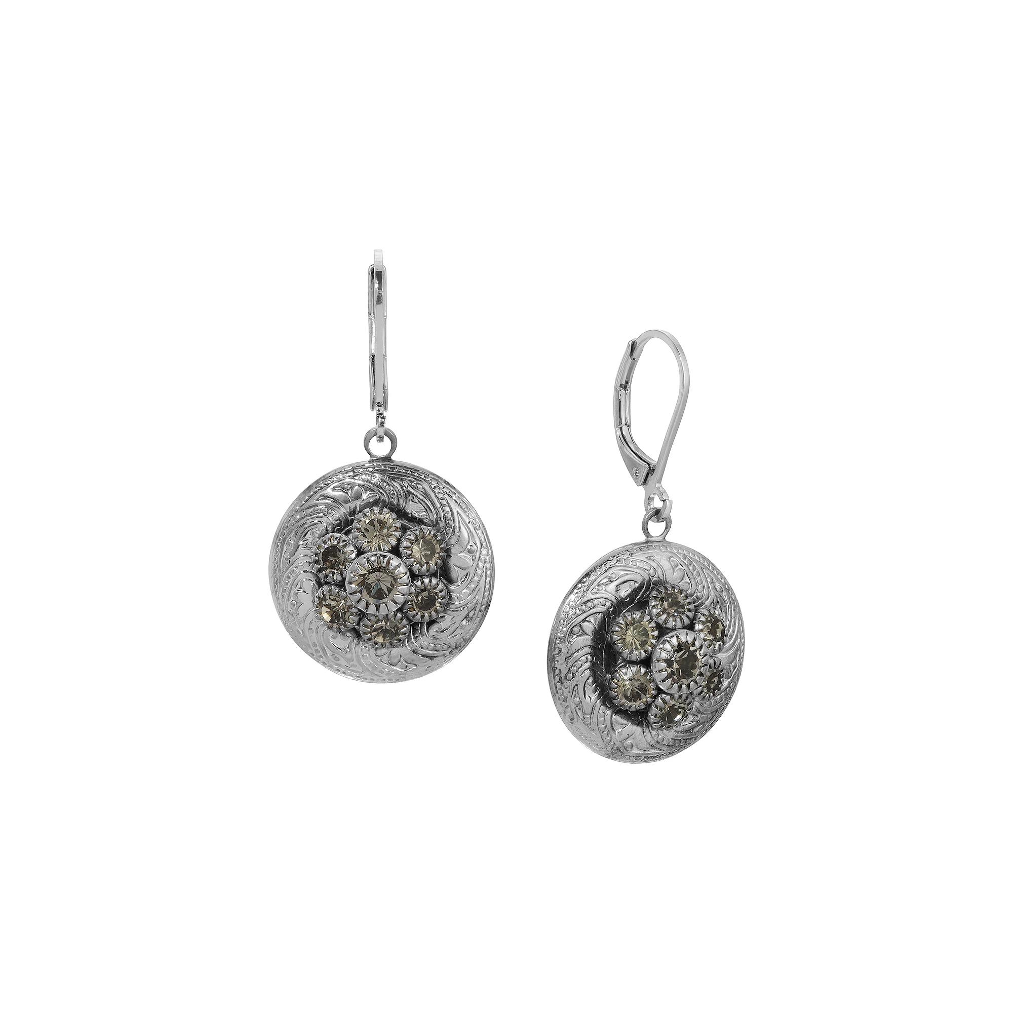 1928 Silver Tone Round Glass Stone Leverback Earrings, Womens, Gray Product Image