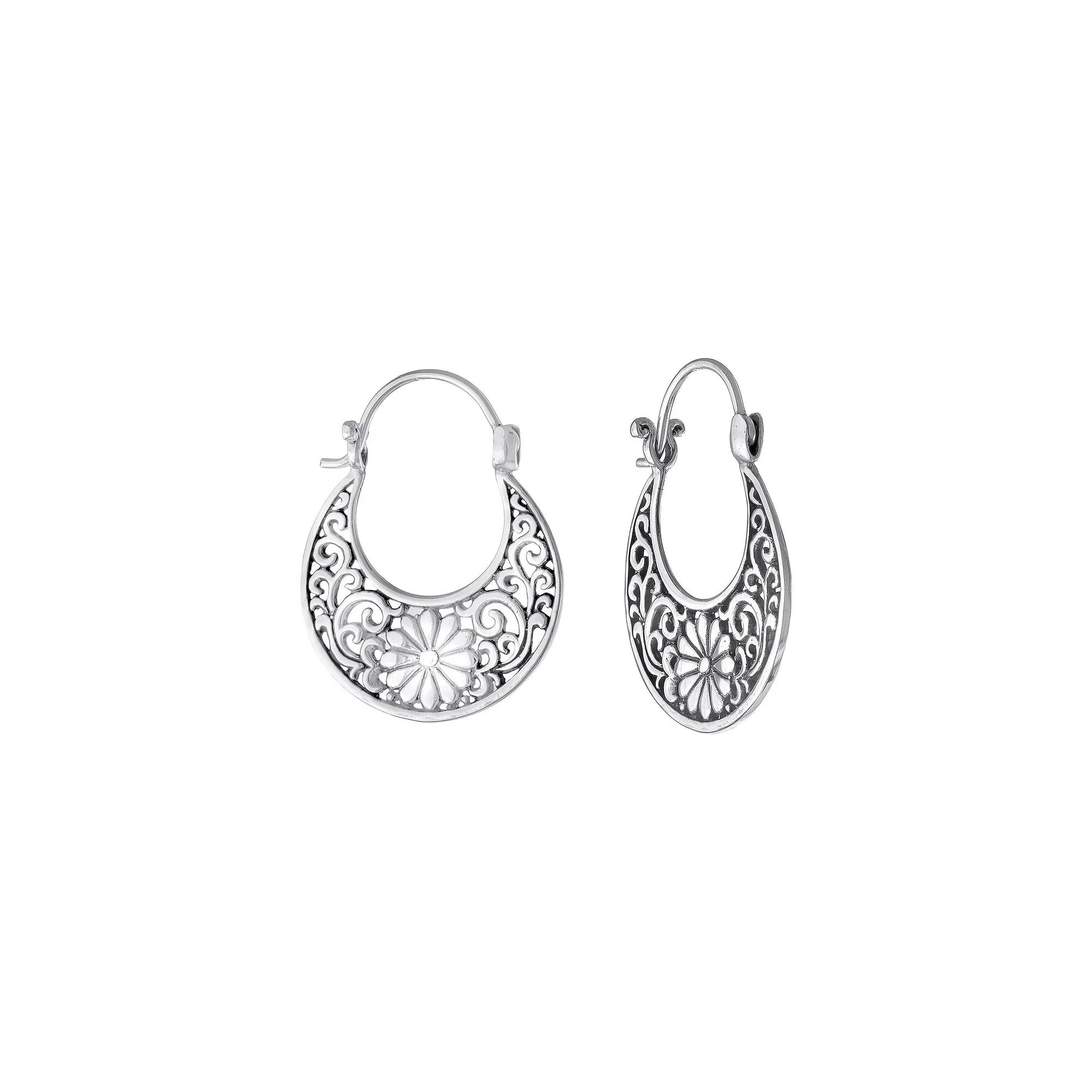 Athra NJ Inc Sterling Silver Oxidized Flower Swirl Hoop Earrings, Women's Product Image