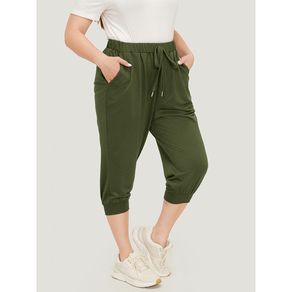 Plus Size Solid Knot Front Pocket Carrot Pants Women ArmyGreen Casual High Rise Dailywear Pants BloomChic 30/6X Product Image