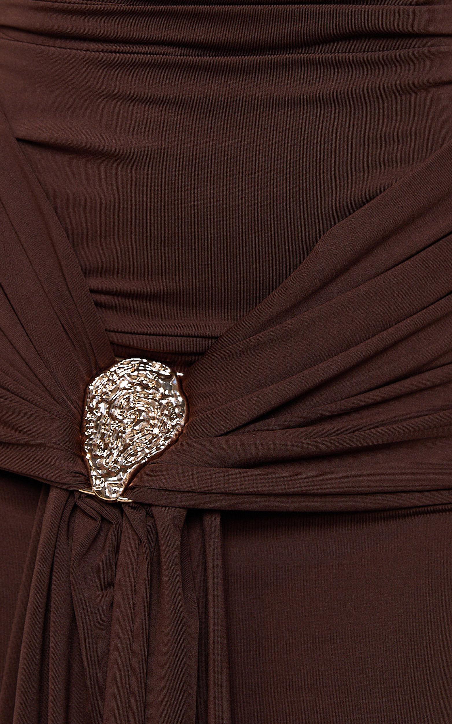 Trish Maxi Dress - Off Shoulder Hardware Trim Bodycon Dress in Chocolate Product Image