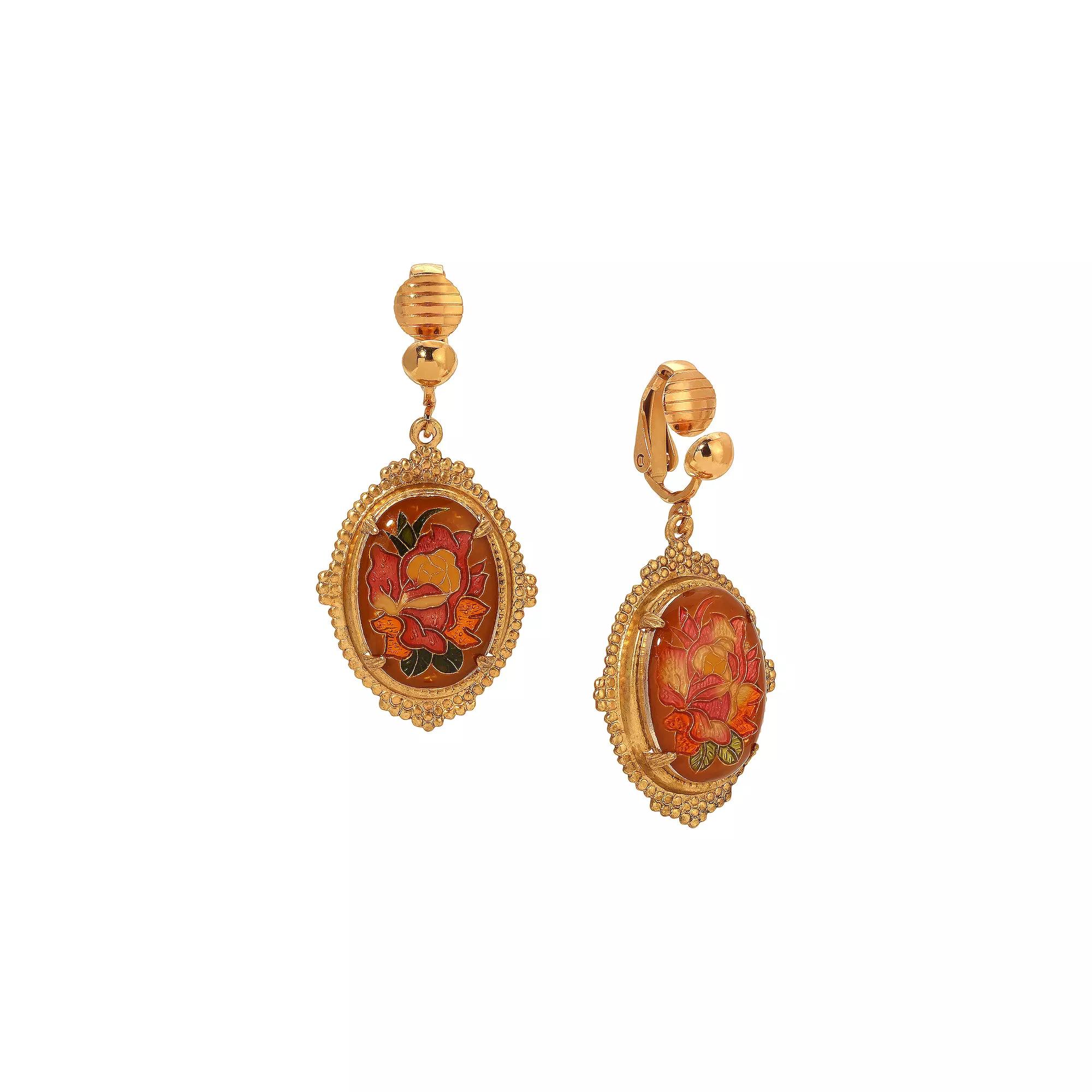 1928 Gold-Tone Floral Oval Clip-On Drop Earrings, Womens, Pink Product Image
