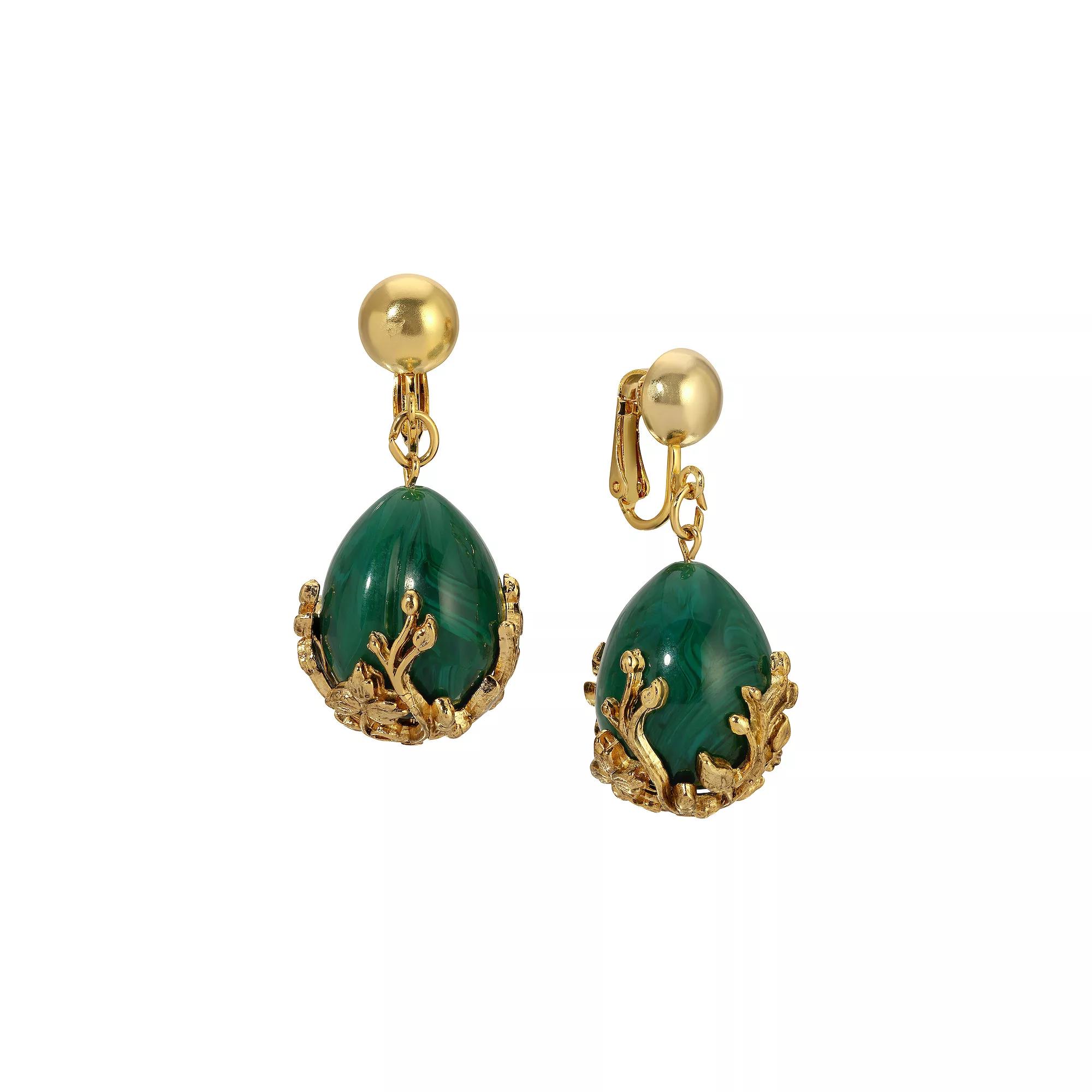 1928 Gold Tone Green and Gold Bead Drop Clip-On Earrings, Women's Product Image