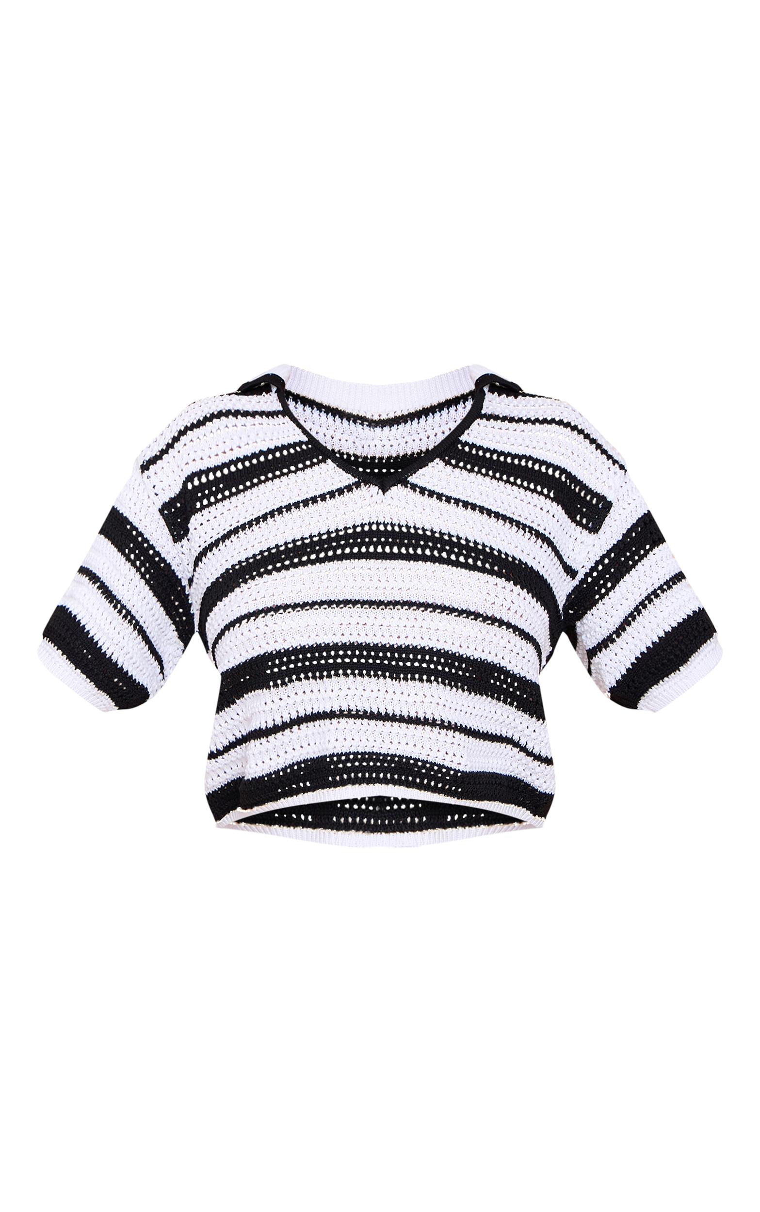 Monochrome Crochet Stripe Knit Polo Top Product Image
