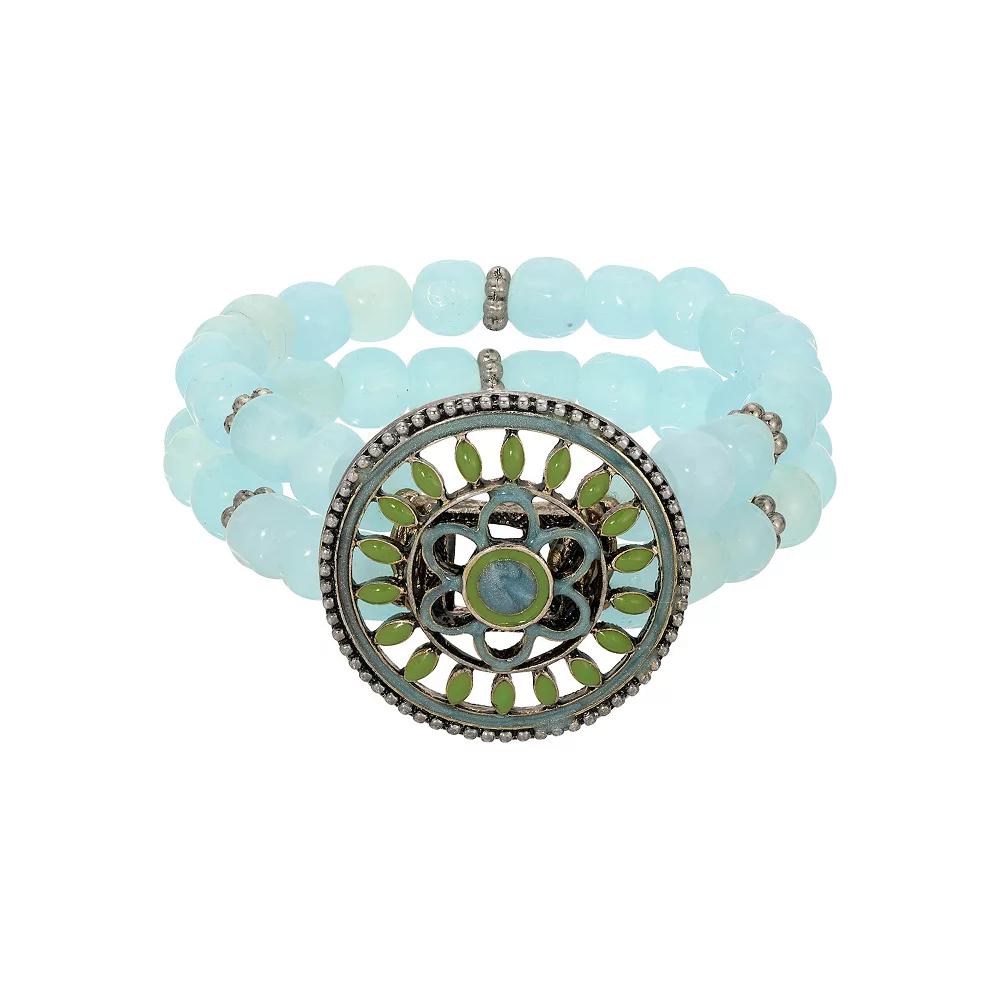 1928 Gold Tone Blue Green Enamel Round Aqua Bead Stretch Bracelet, Women's Product Image