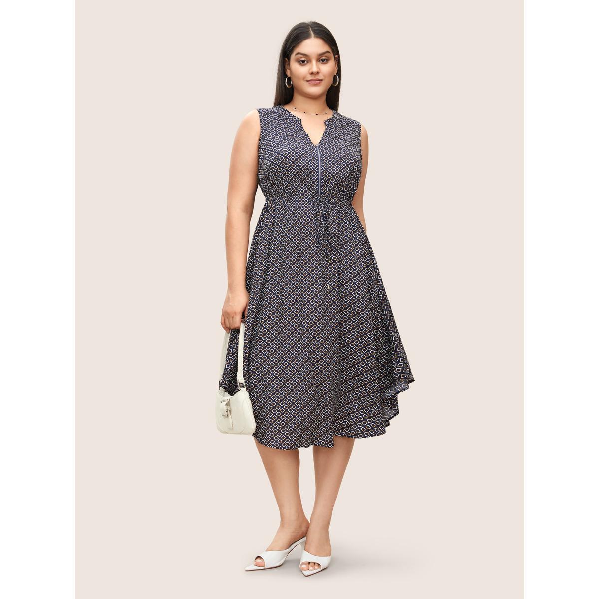 Plus Size Geometric Half Zip Drawstring Arc Hem Dress Indigo Women At the Office Drawstring Flat collar with V-notch Sleeveless Curvy BloomChic 14-16/1X Product Image