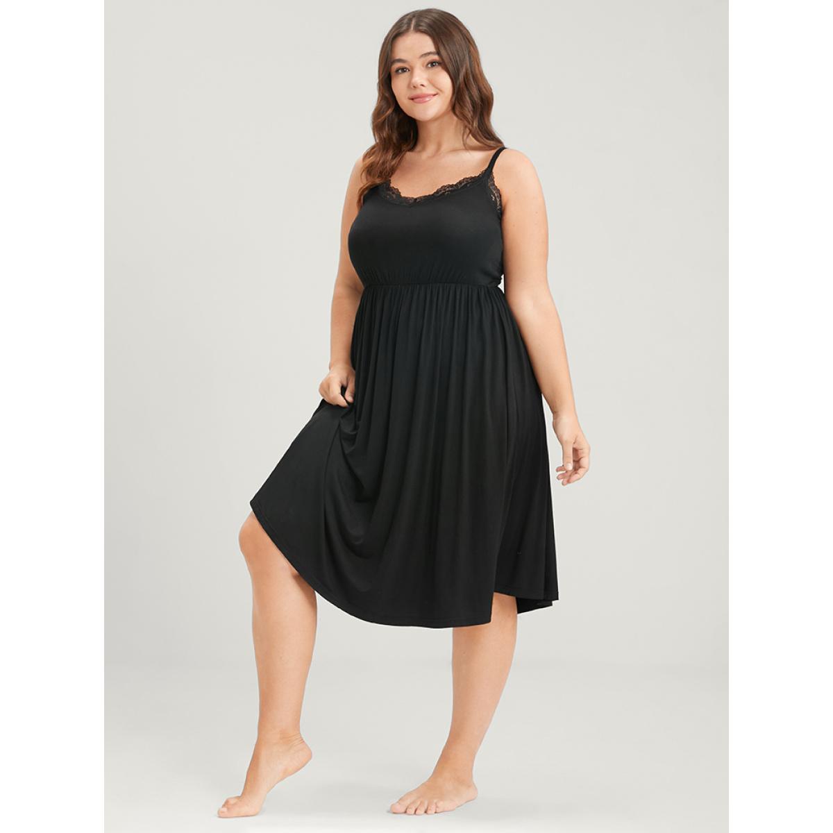 Plus Size Solid Lace Trim Backless Spaghetti Strap Dress Women Black Elegant Plain Lace V-neck Loungewear BloomChic 10/M Product Image