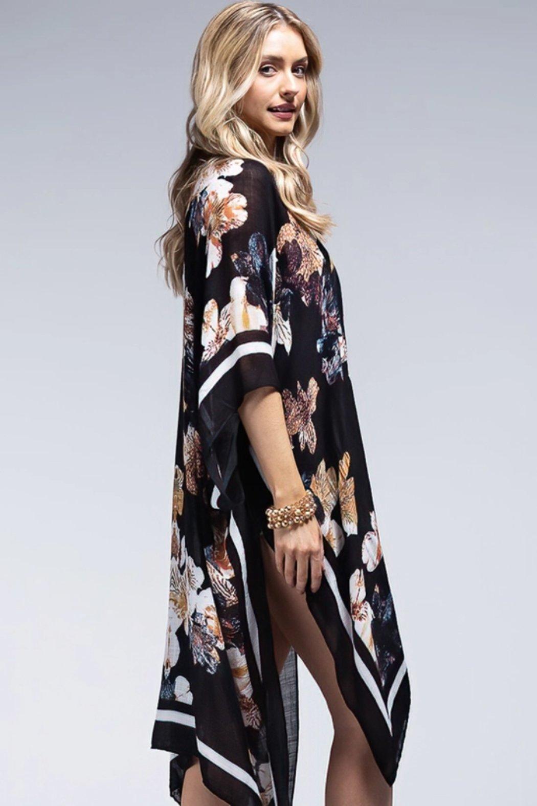 Bohemian and Glam Kimona- Beige Floral on-Black Product Image