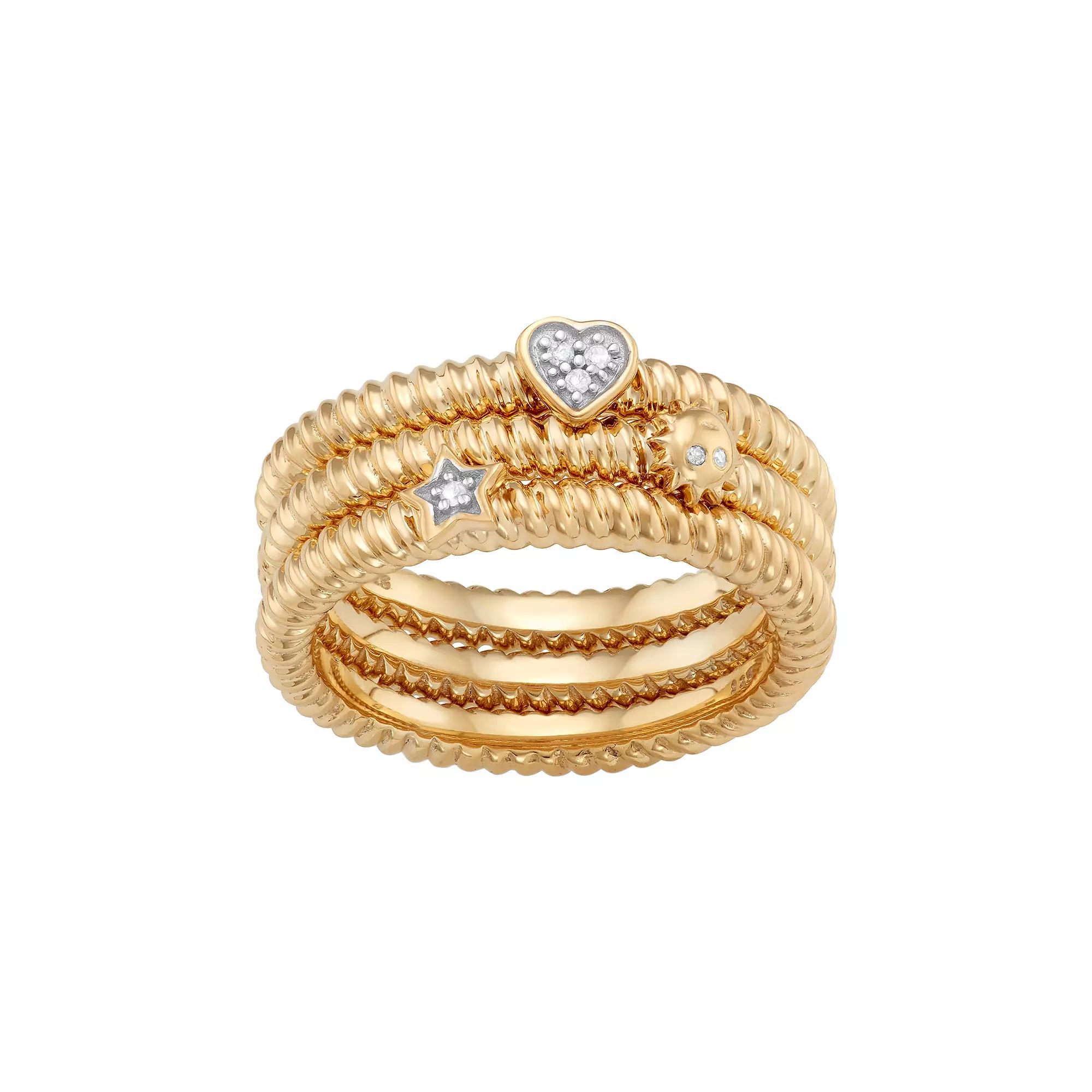 Jewelexcess Sterling Silver Diamond Accent Heart, Sun & Star Stack Ring Set, Women's, Size: 6, Gold Tone Product Image