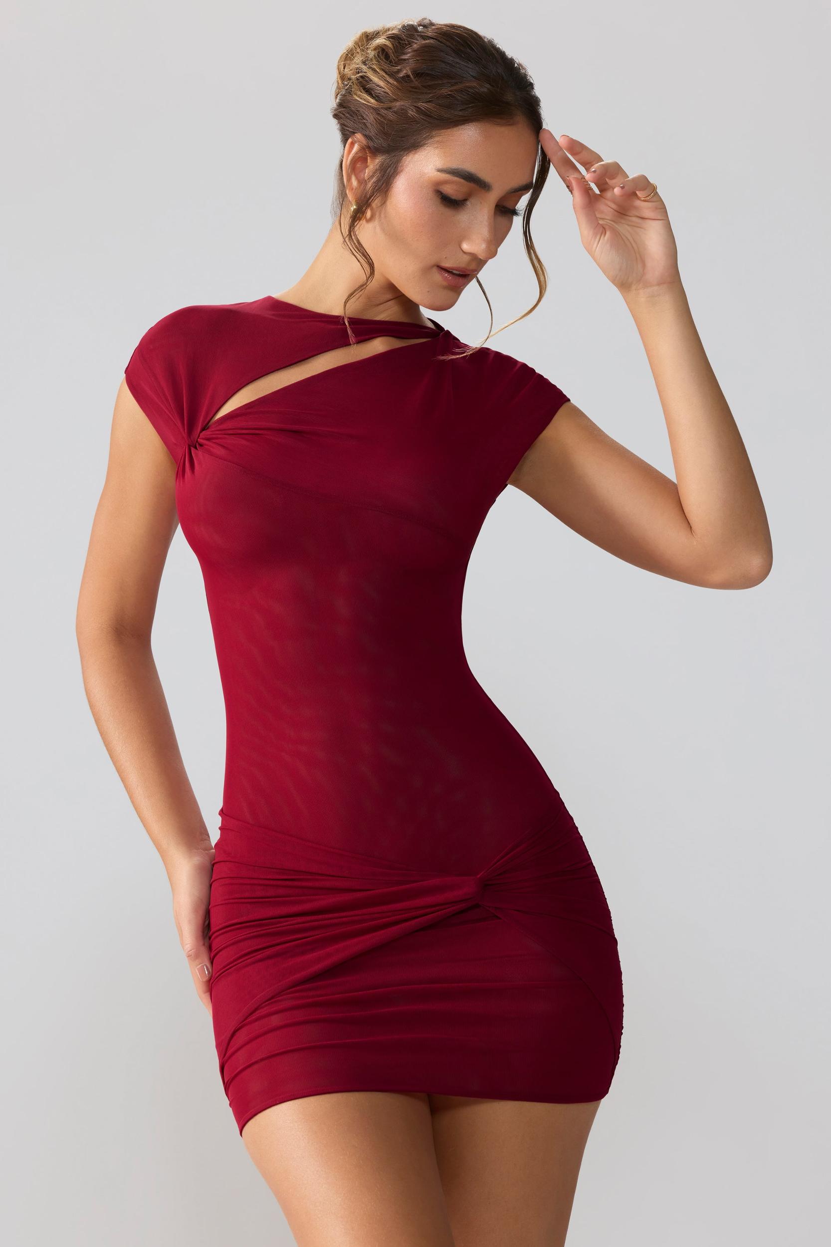 Mesh Cap Sleeve Cut Out Mini Dress in Ruby Product Image