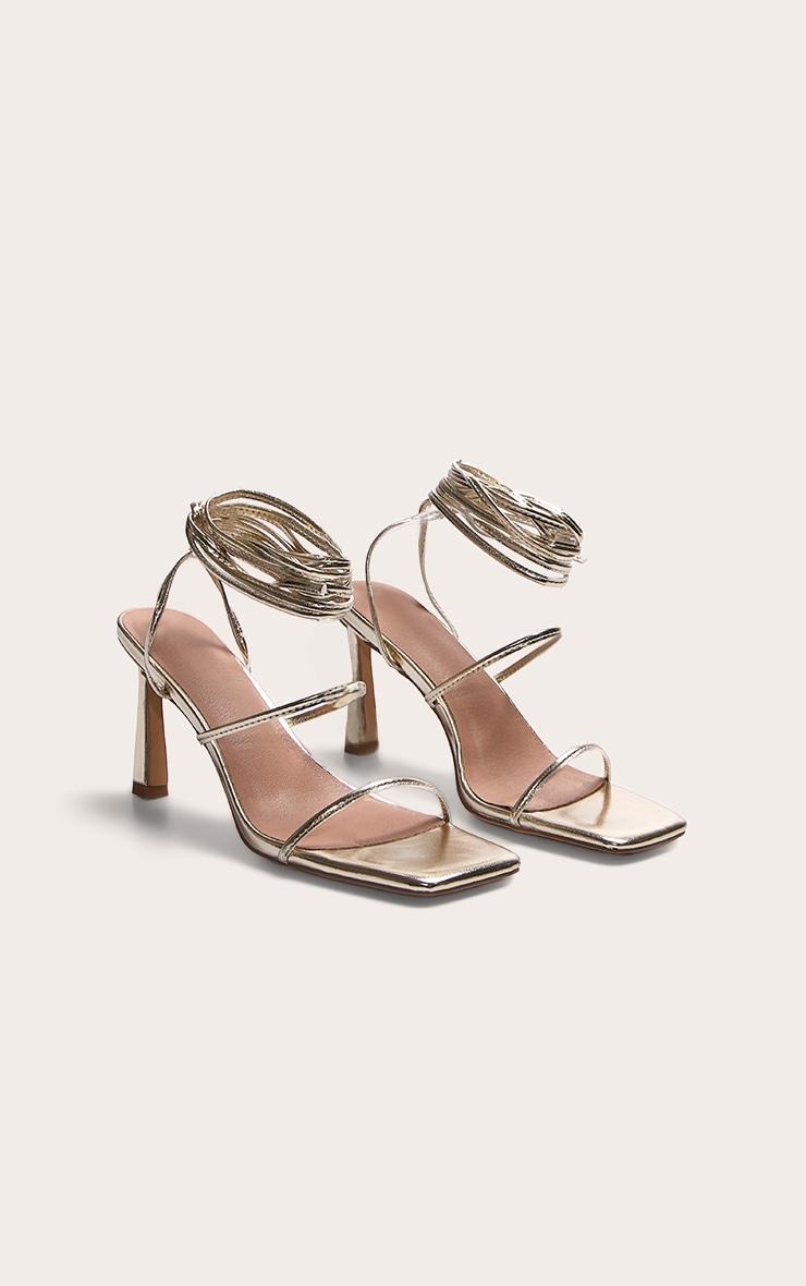 Gold Pu Square Toe Strappy Lace Up Mid Stiletto Heeled Sandals Product Image