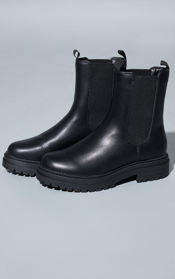 Black  Pu Chunky Sole Elastic Chelsea Ankle Boots Product Image