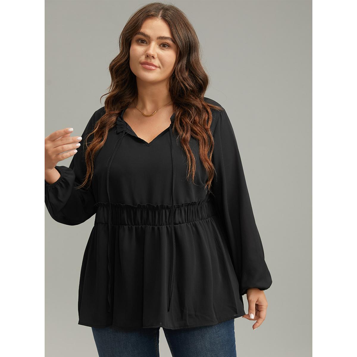 Plus Size Black Anti-Wrinkle Plain Shirred Frill Trim Gathered Tie Neck Blouse Women Casual Long Sleeve Tie Neck Everyday Blouses BloomChic 18-20/2X Product Image