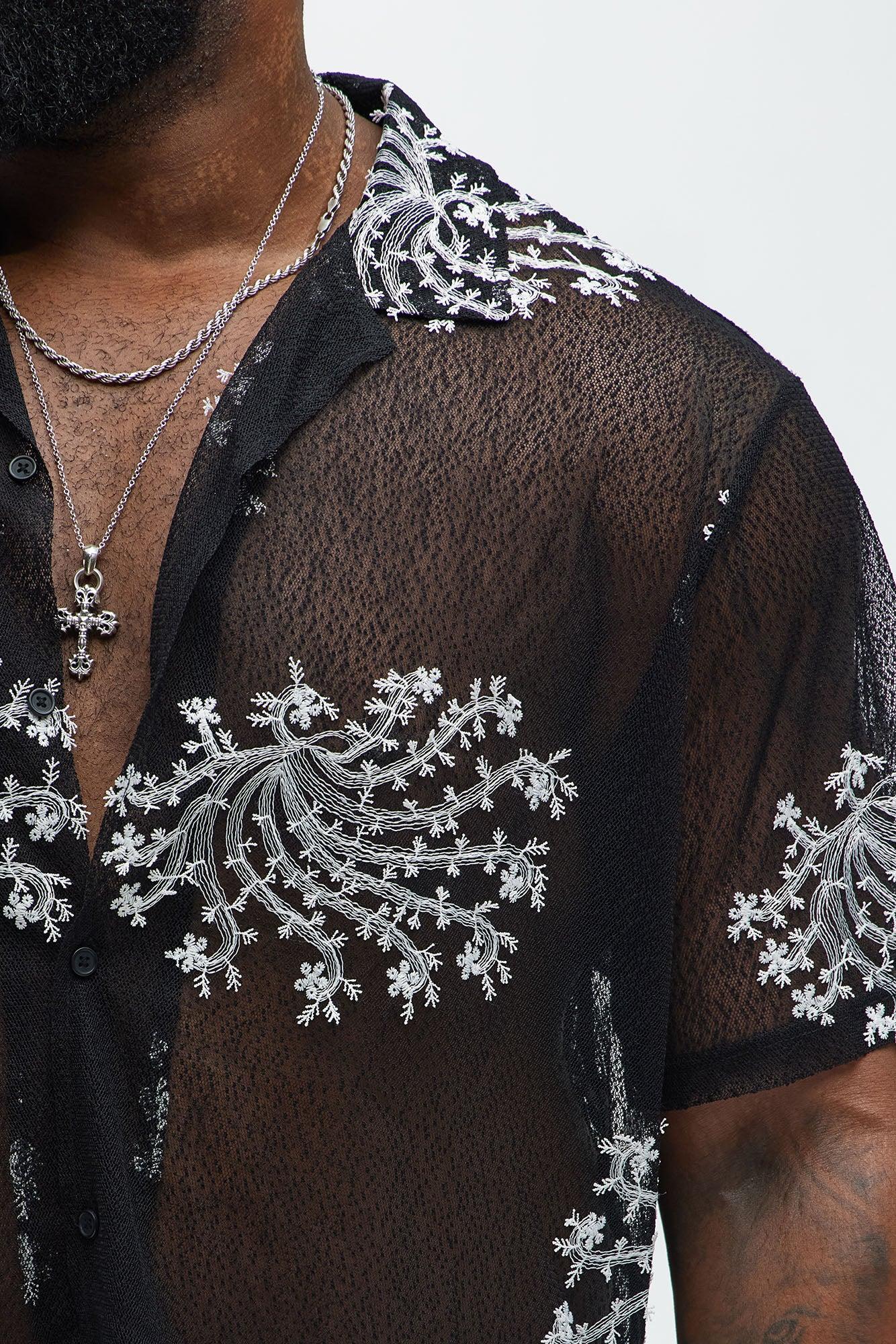 Plant Embroidered Cuban Mesh Shirt - Black Product Image