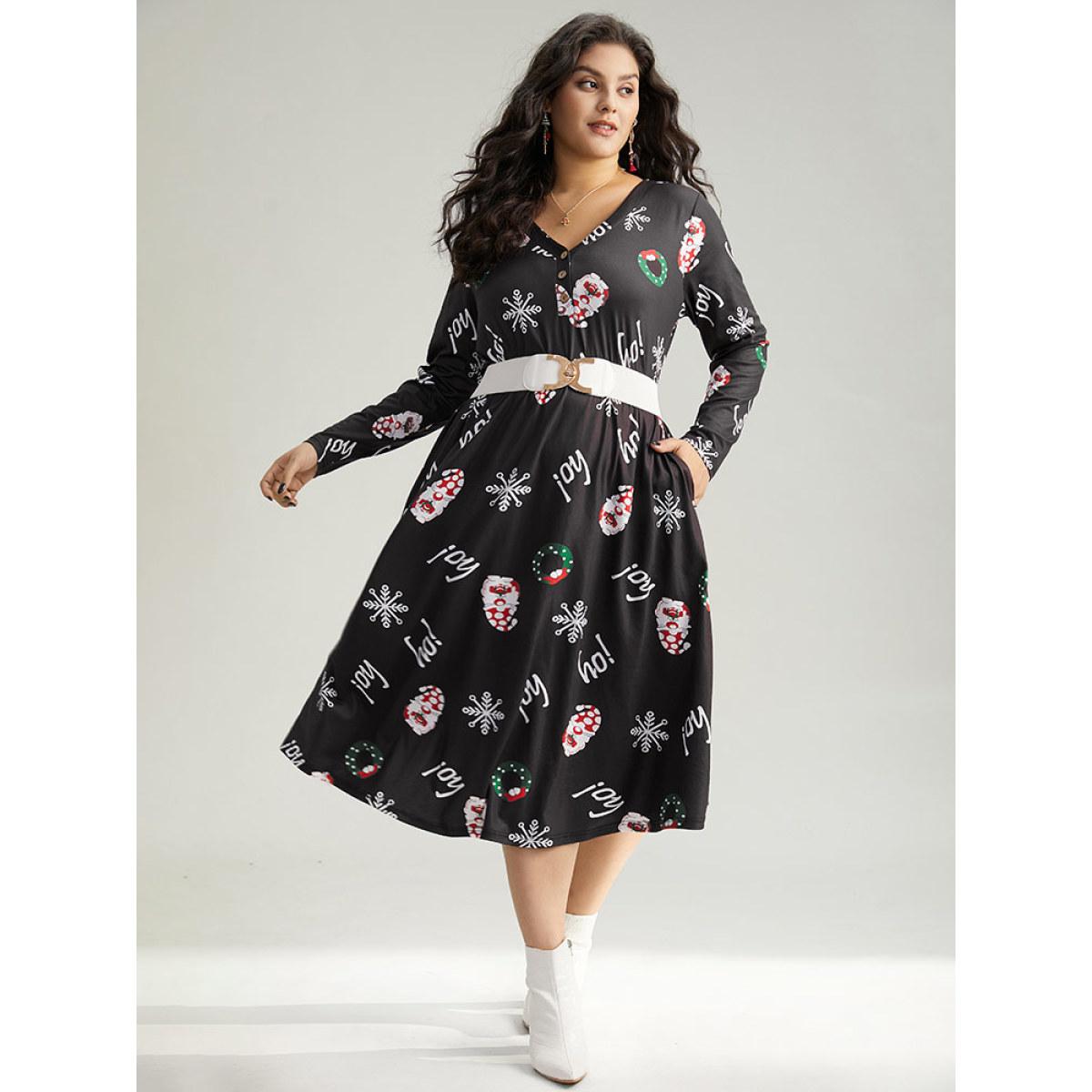 Plus Size Christmas Graphic Button Detail Dress Black Women Elegant Gathered V-neck Long Sleeve Curvy Midi Dress BloomChic 14-16/1X Product Image