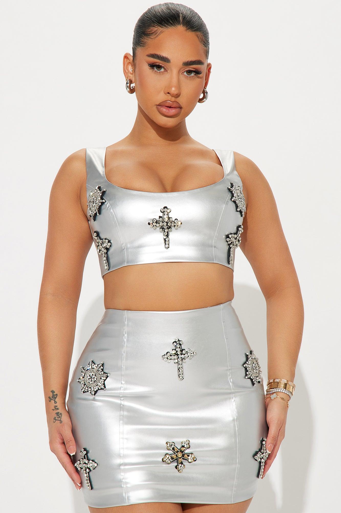 Rosalia Metallic Skirt Set - Silver Product Image