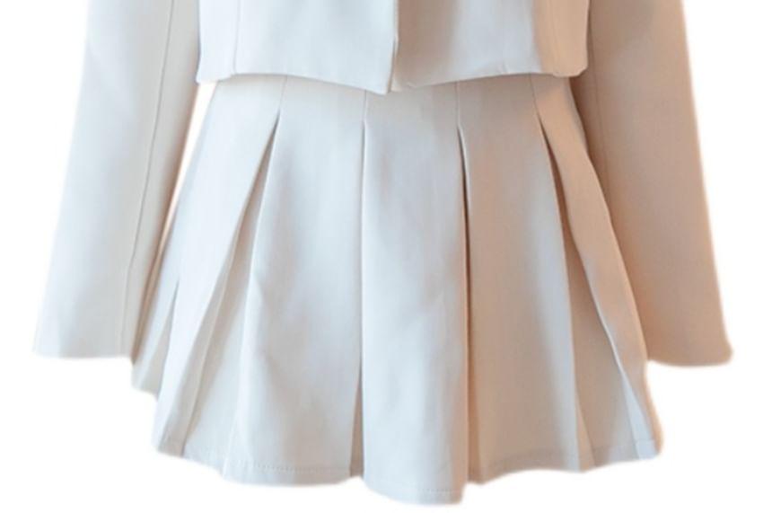 Plain Shirt / High Waist Pleated Mini A-Line Skirt / Embroidered Cropped Double-Breasted Blazer / Set Product Image