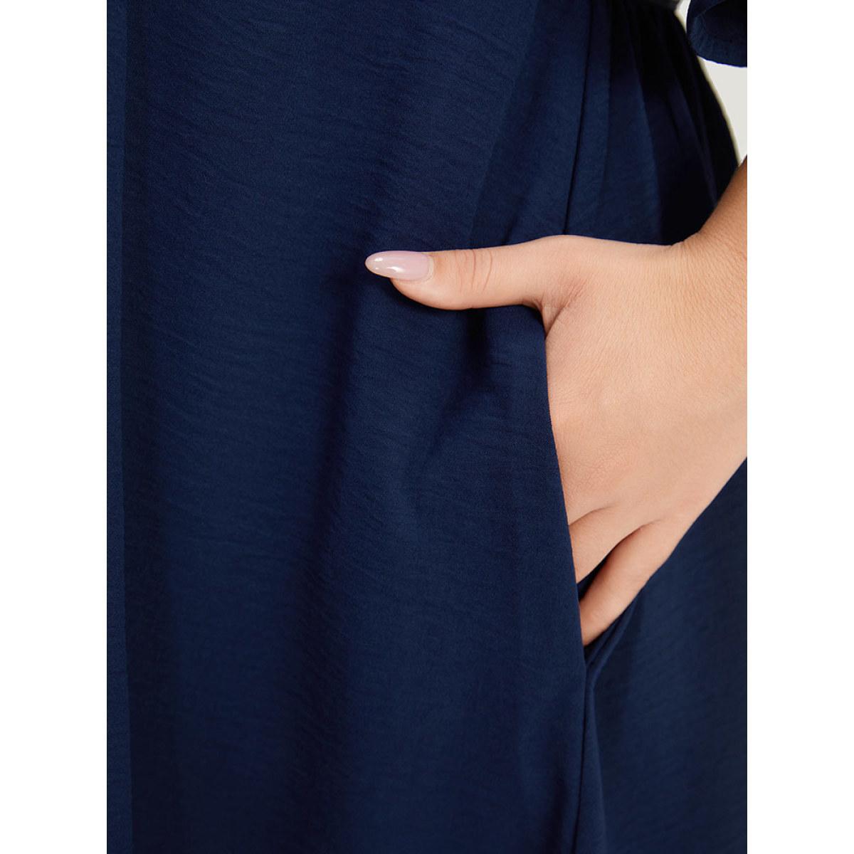 Plus Size Bandana Print Pocket Bell Sleeve Patchwork Dress DarkBlue Women Vacation Plain V-neck Short sleeve Curvy Midi Dress BloomChic 10/M Product Image