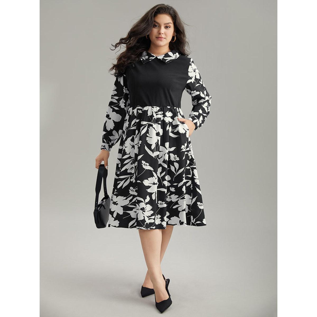 Plus Size Silhouette Floral Print Patchwork Ruffle Hem Dress Black Women Office Printed Lapel Collar Long Sleeve Curvy Midi Dress BloomChic 18-20/2X Product Image